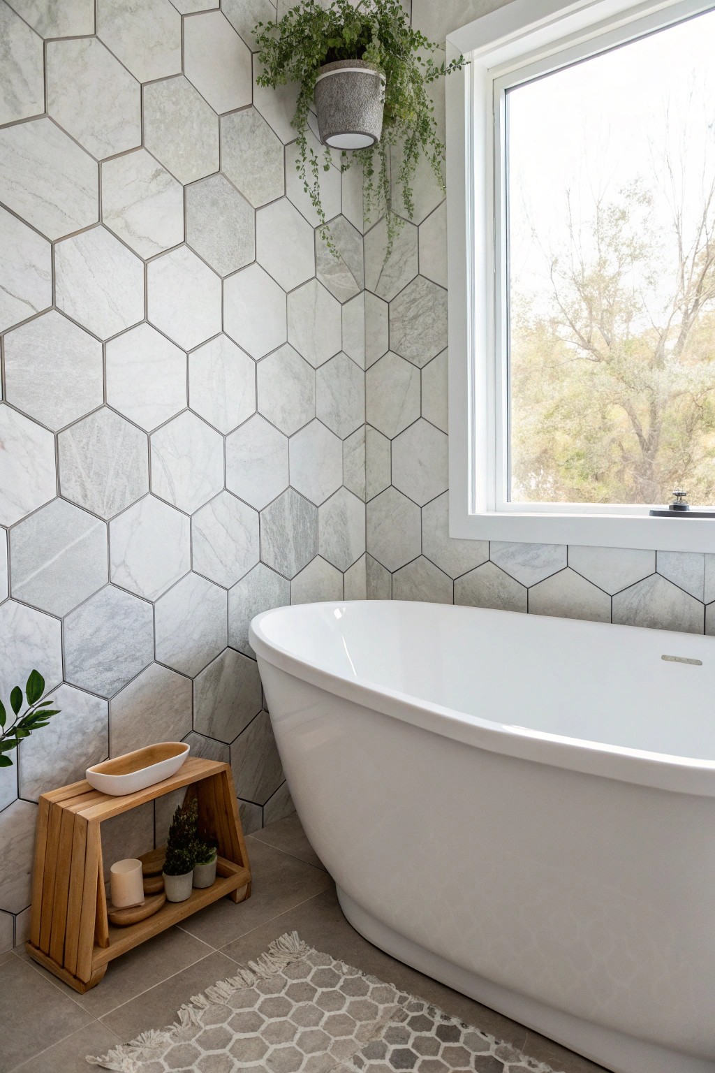Modern elegance: A hexagon-tiled backdrop transforms the bathtub into a design centerpiece.