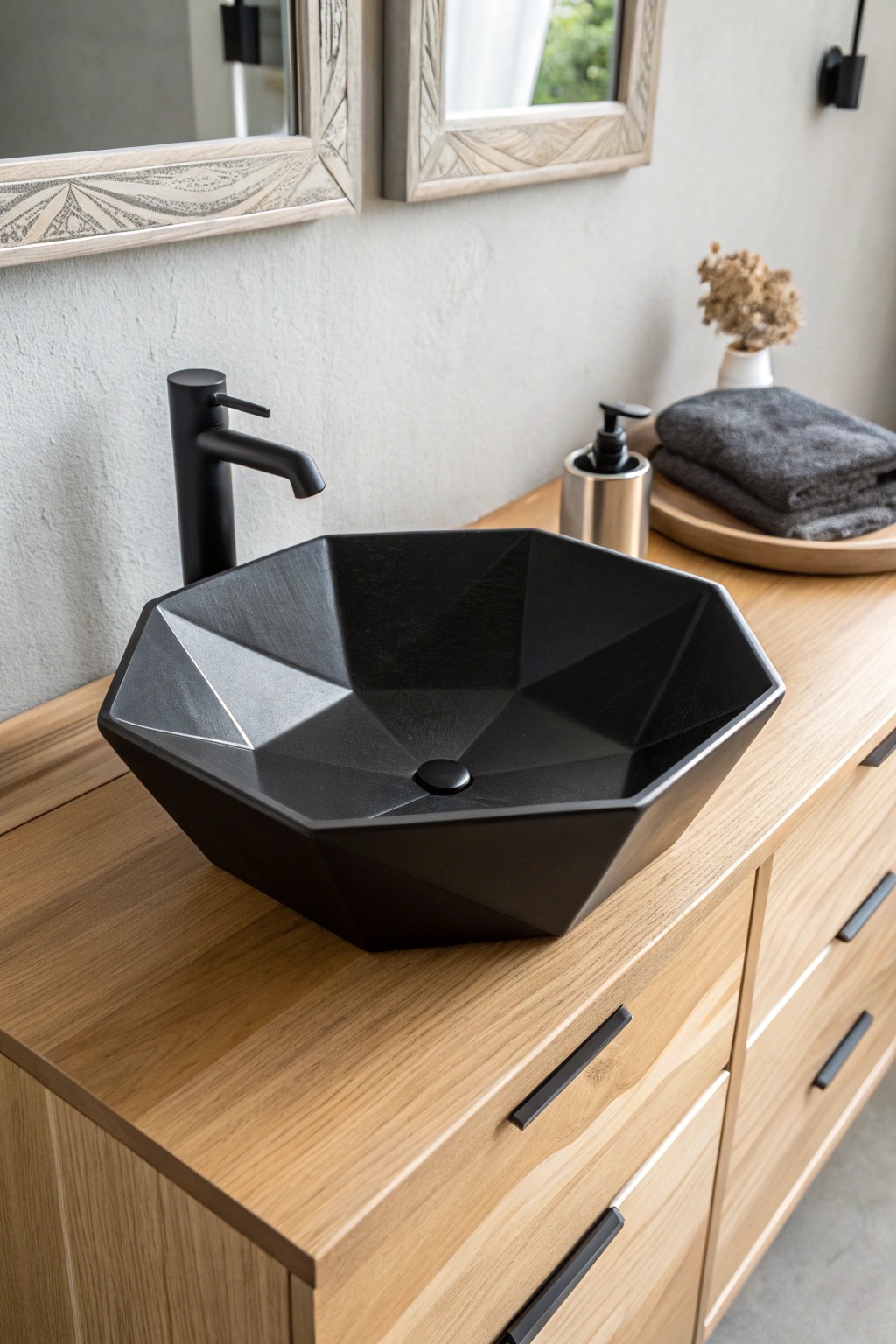 Sculptural elegance: A matte black hexagonal sink transforms your bathroom into a modern retreat.