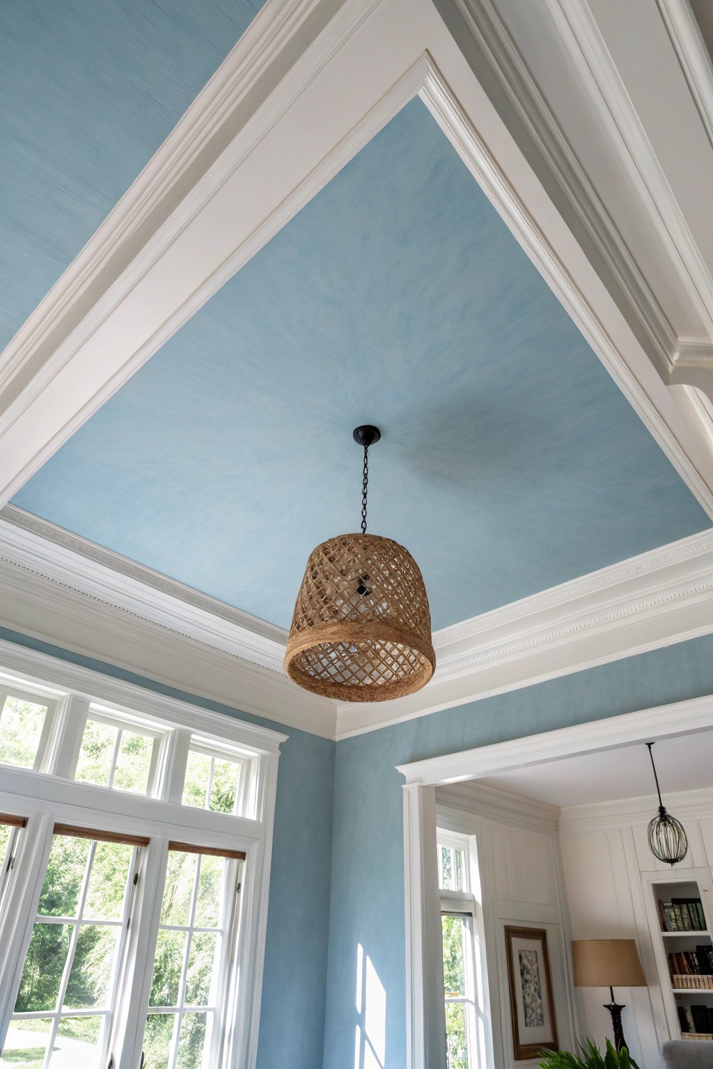 Bring unexpected calm to your living room with a soft blue ceiling.