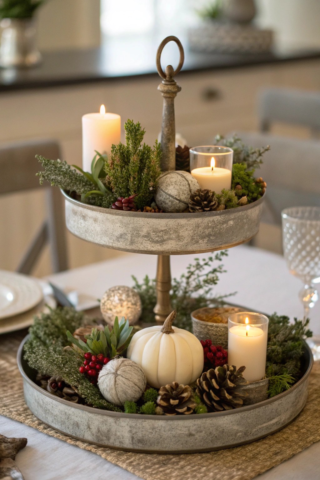 Tiered trays add dimension and make seasonal decorating a breeze.