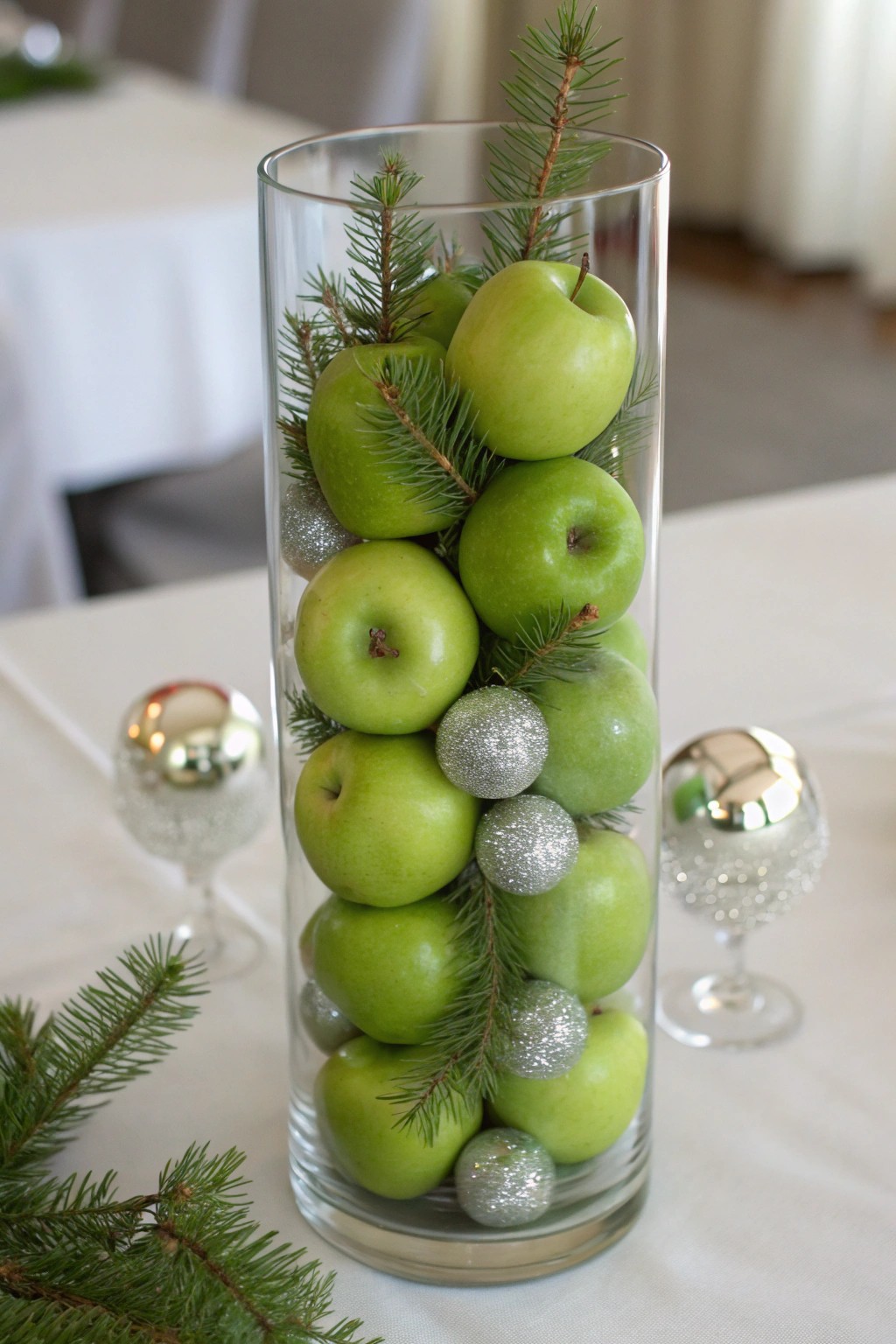 A fresh twist: green apples and fir create a simple, stunning holiday centerpiece.