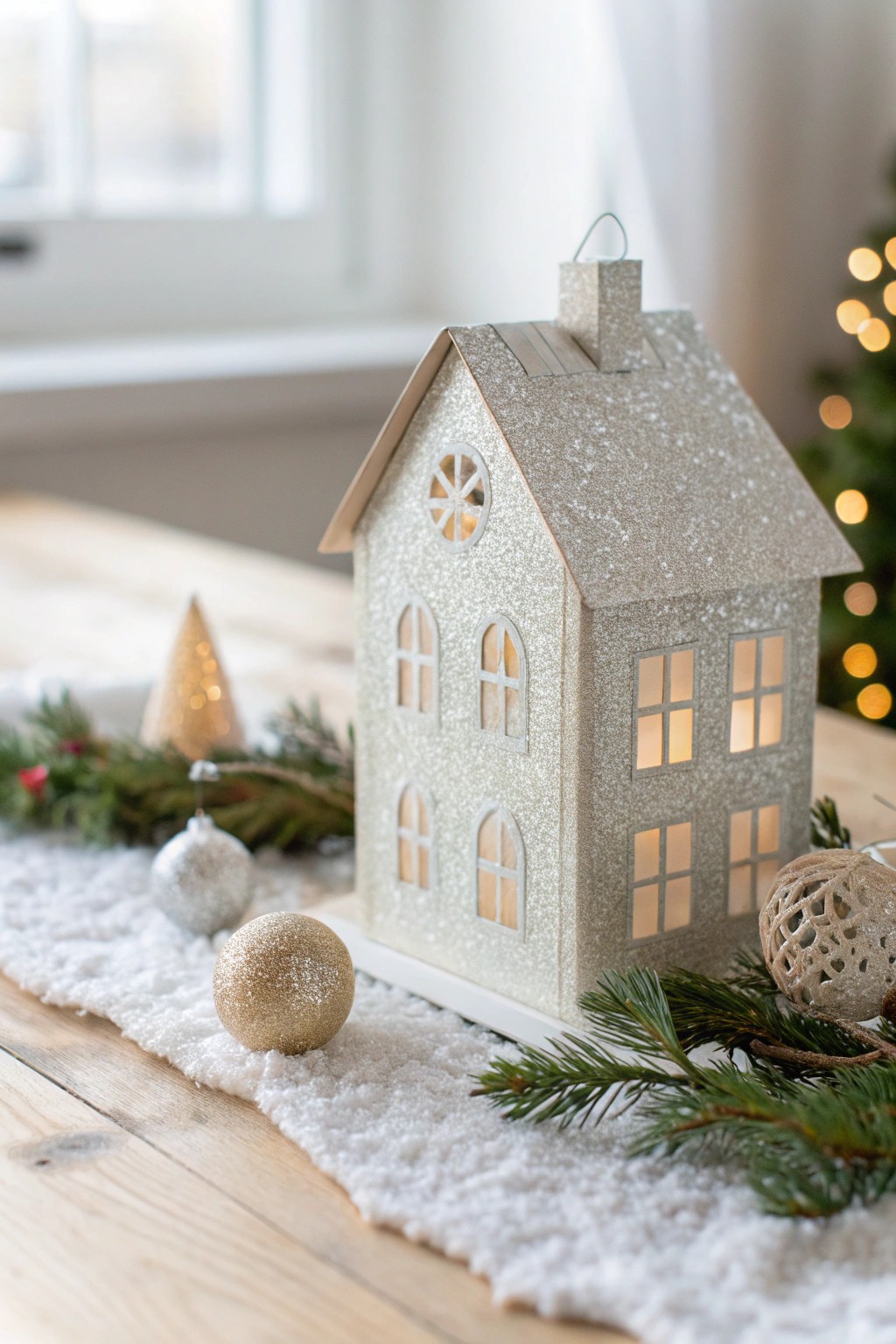 Sparkle and simplicity—let a glittering paper house shine as your Christmas table centerpiece.