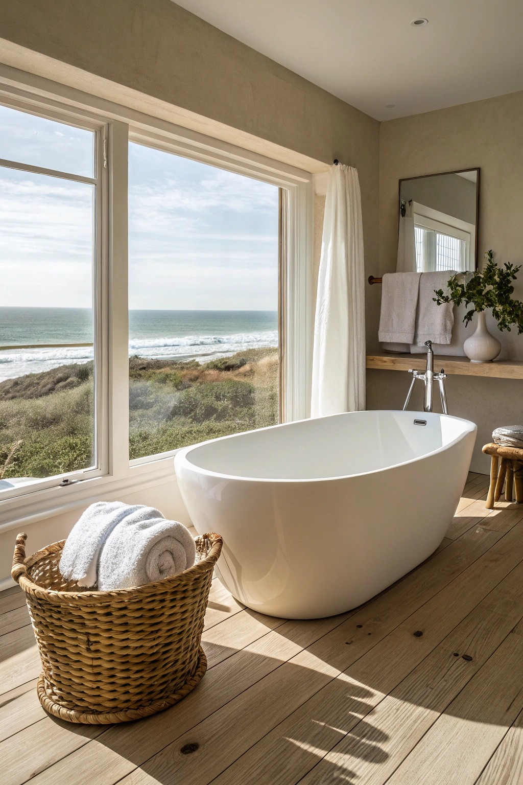 Serenity by the sea: a sculptural freestanding tub transforms your bathroom into a coastal retreat.