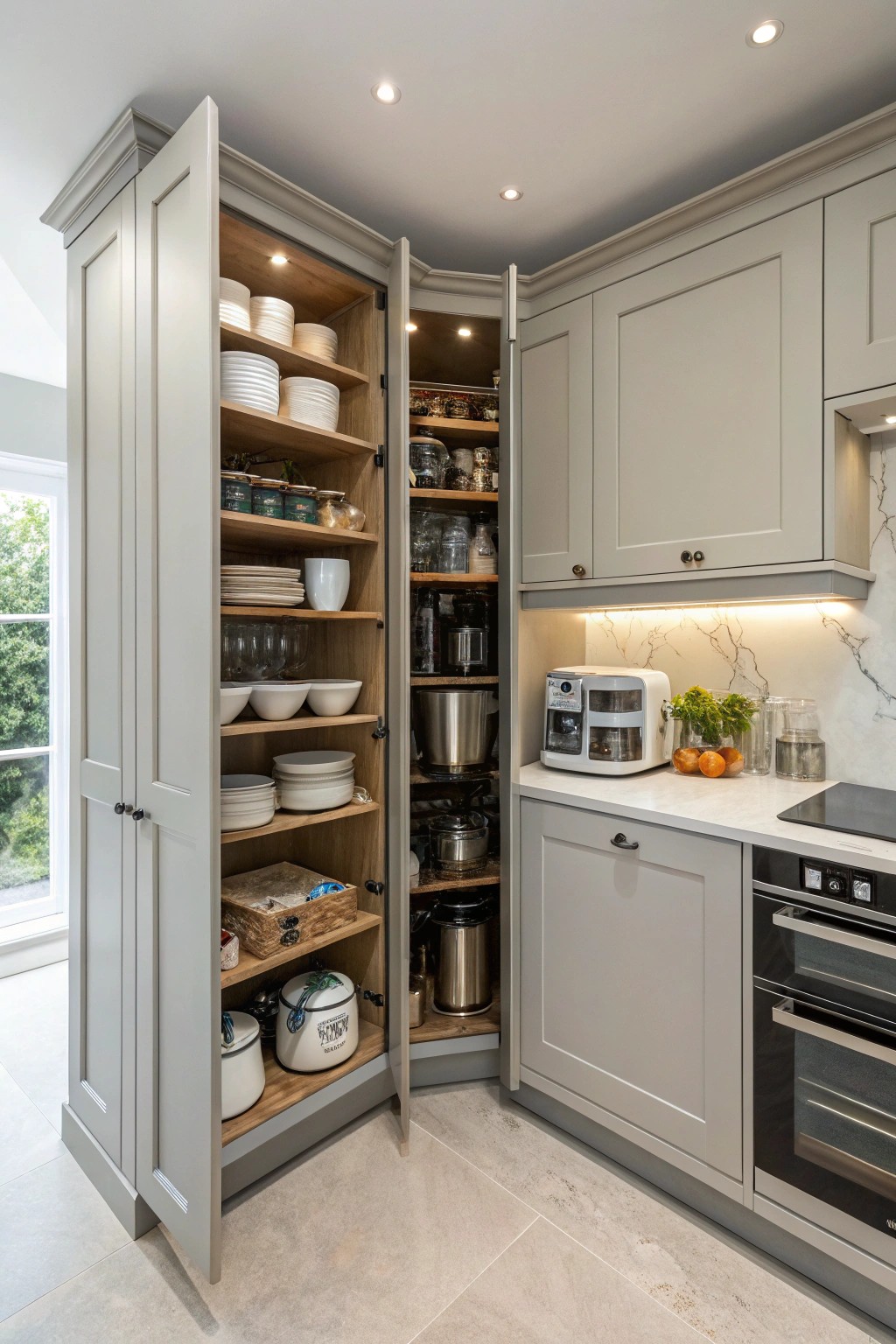 Accordion-style doors make deep corner storage easy to reach and keep tidy.