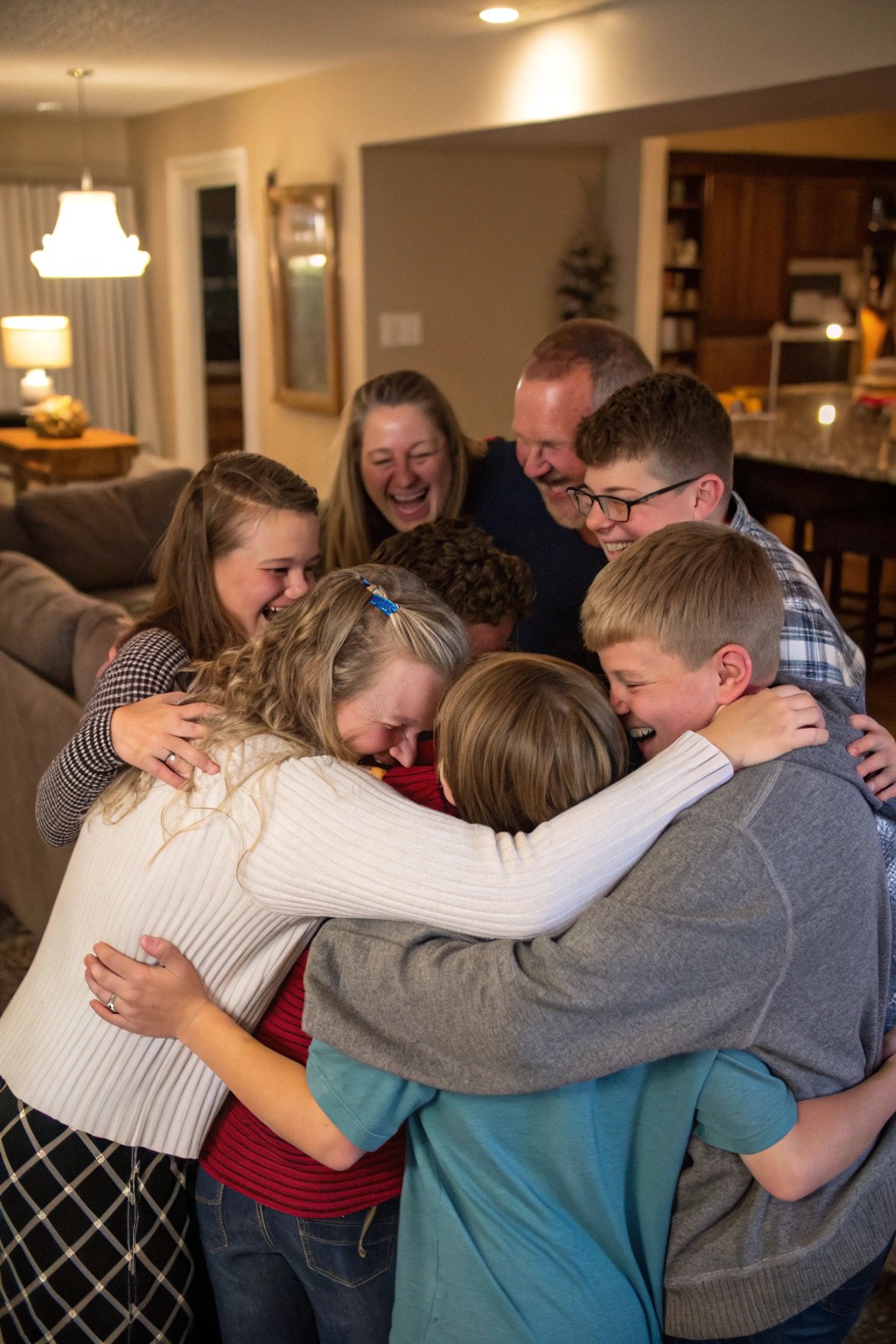 A playful group hug brings genuine joy to this family photo.