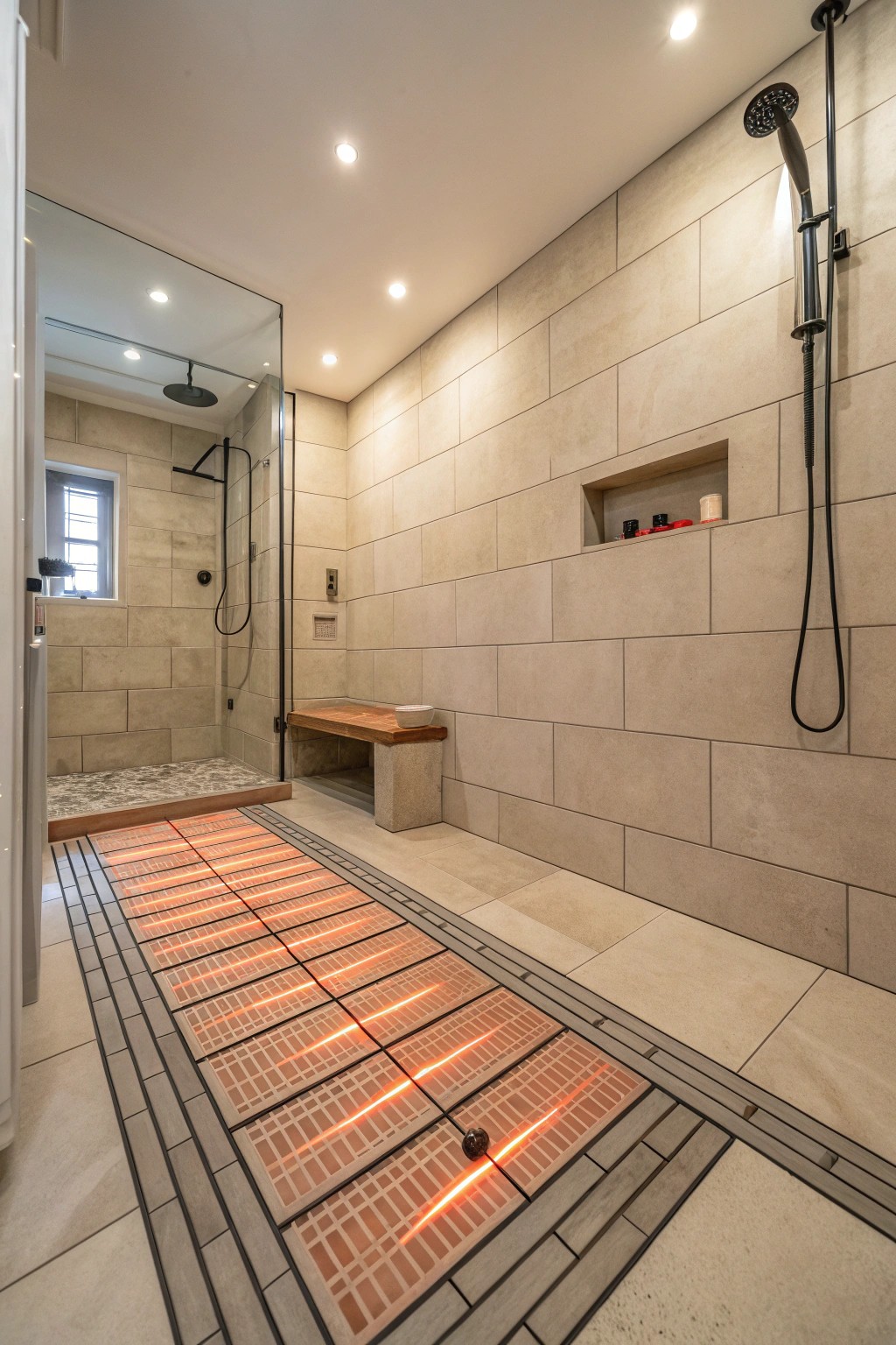 Underfloor heating brings soothing warmth to this curbless shower retreat.