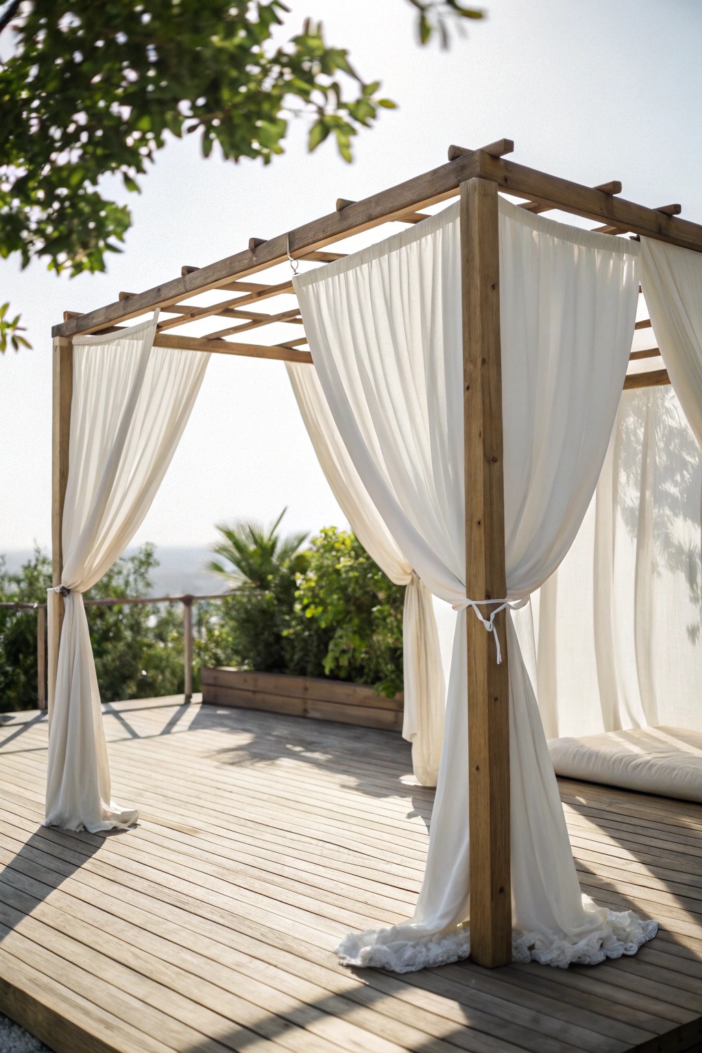 Breezy linen canopy: the perfect touch of shade and elegance for your deck.