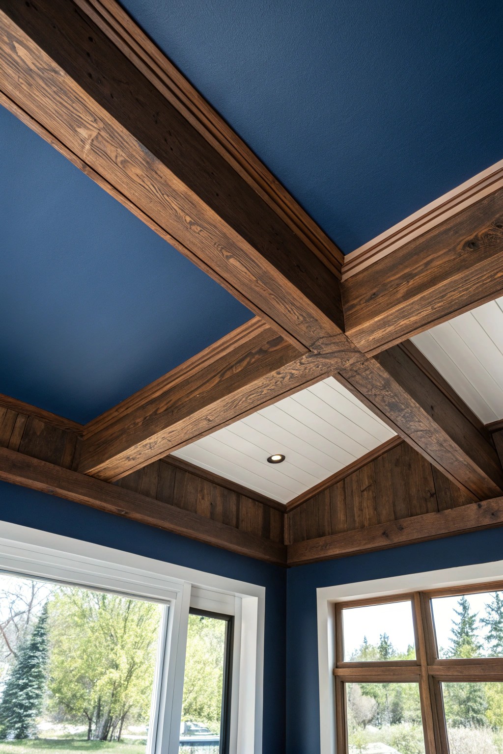 Elevate your space with the striking beauty of chocolate brown beams against a bold navy ceiling.