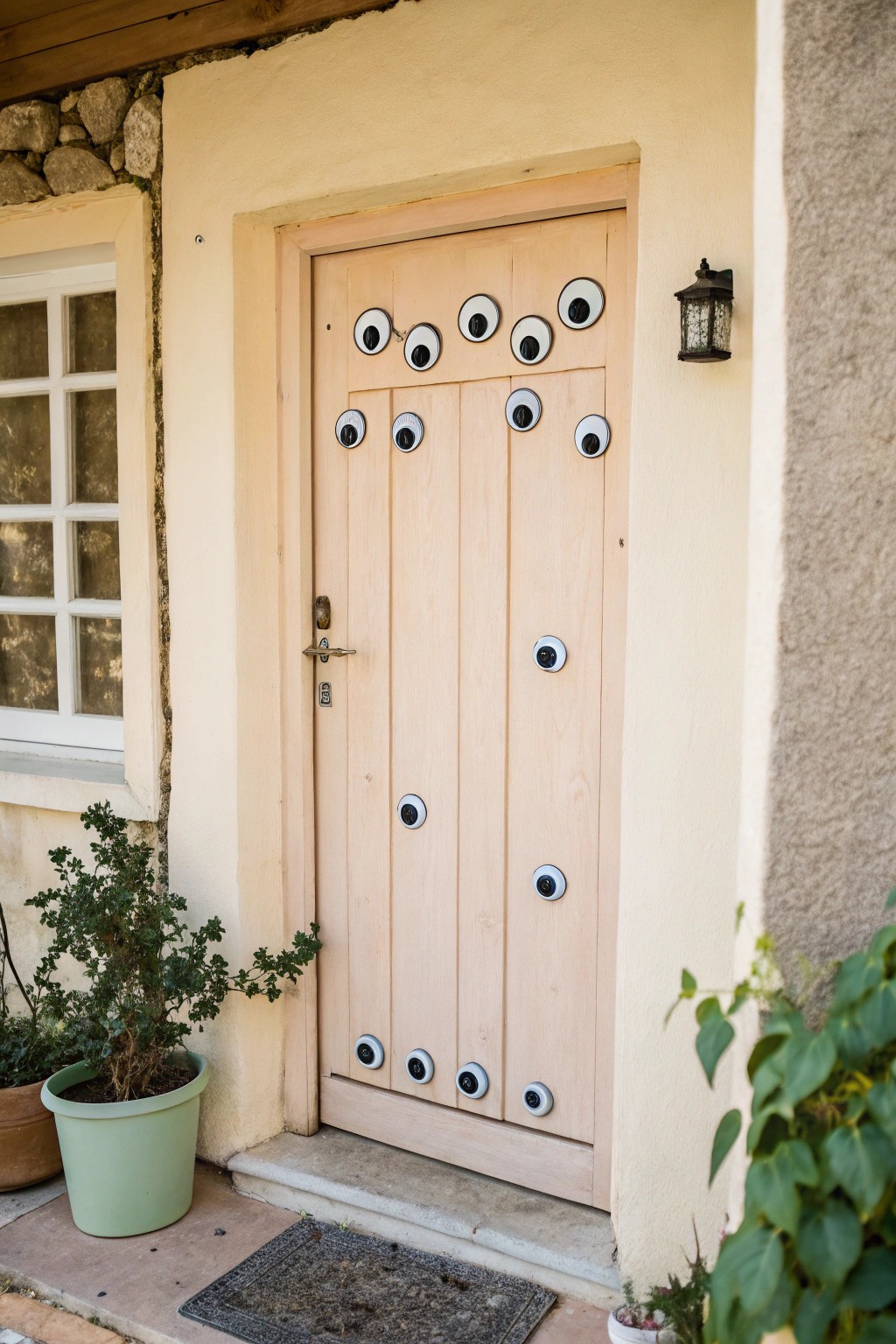 Transform your door with playful googly eyes for a charming, handcrafted Halloween welcome.