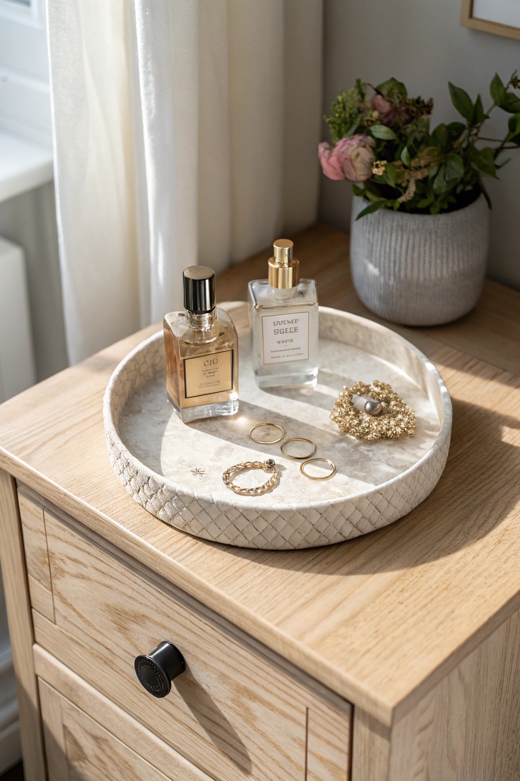 Effortlessly chic: Organize your dresser with a beautiful, textured tray.