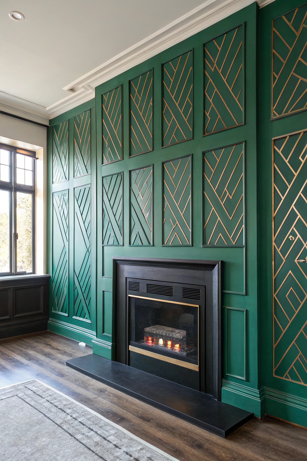 Make a statement with bold geometric panels for your electric fireplace wall.