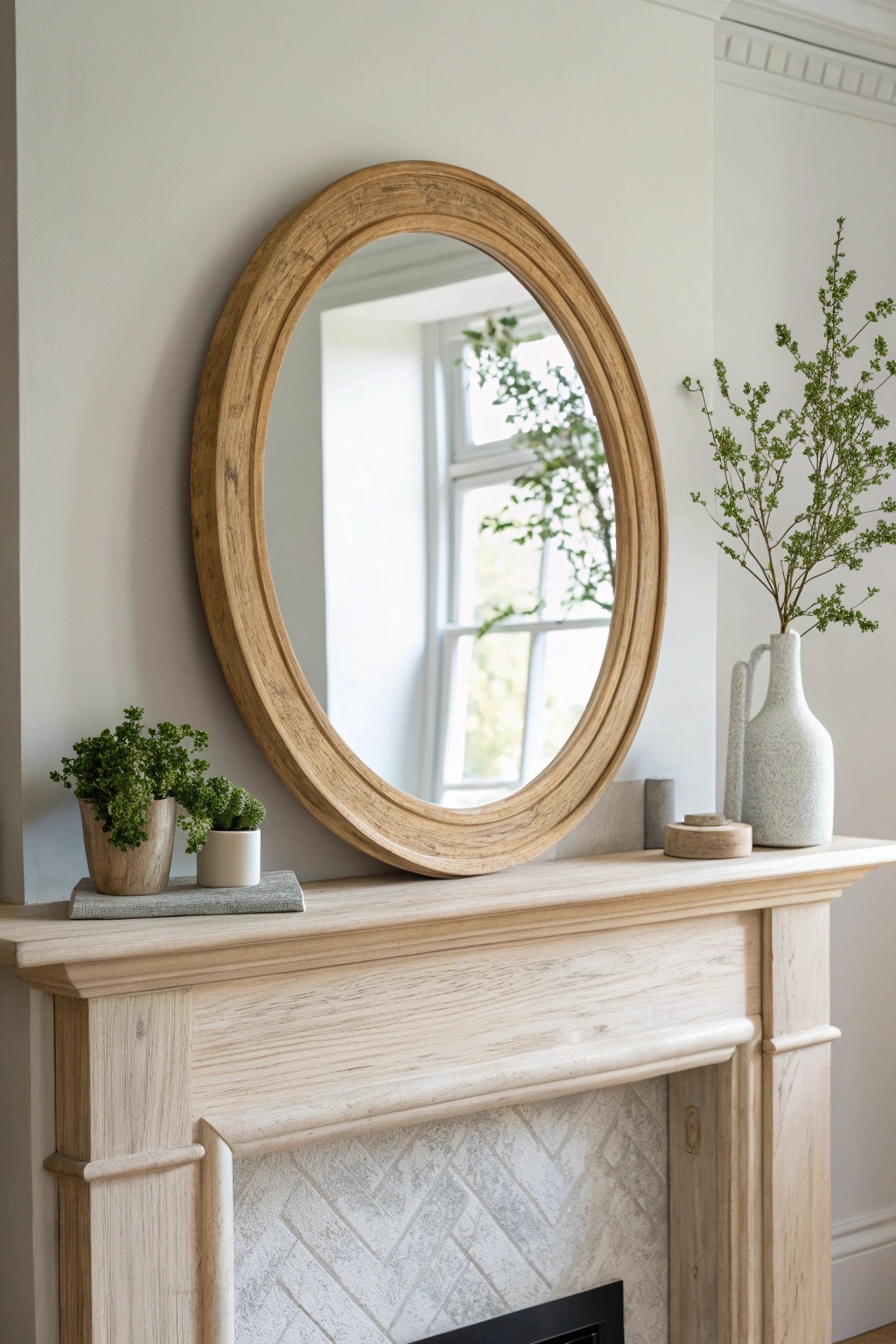 A hand-crafted mirror transforms the mantel—simple, natural, and beautifully reflective.