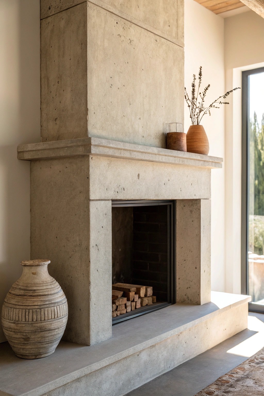 Effortless beauty: a minimalist concrete fireplace surround crafted for serene, modern living.