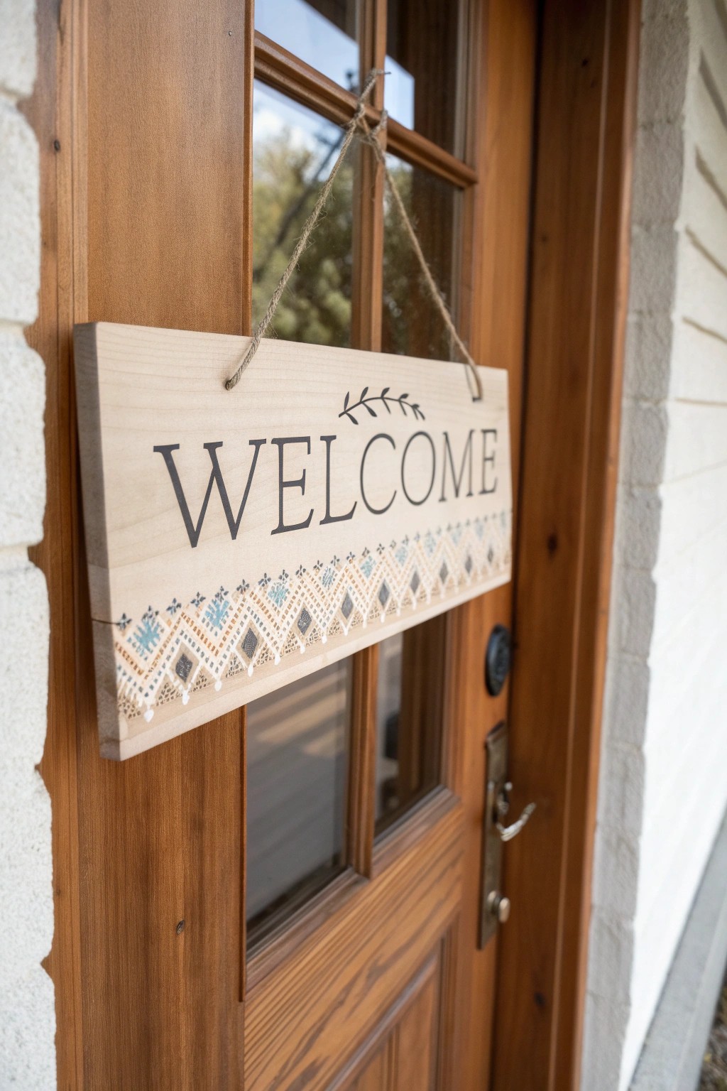 A simple, handcrafted welcome sign adds a personal touch to your front door.