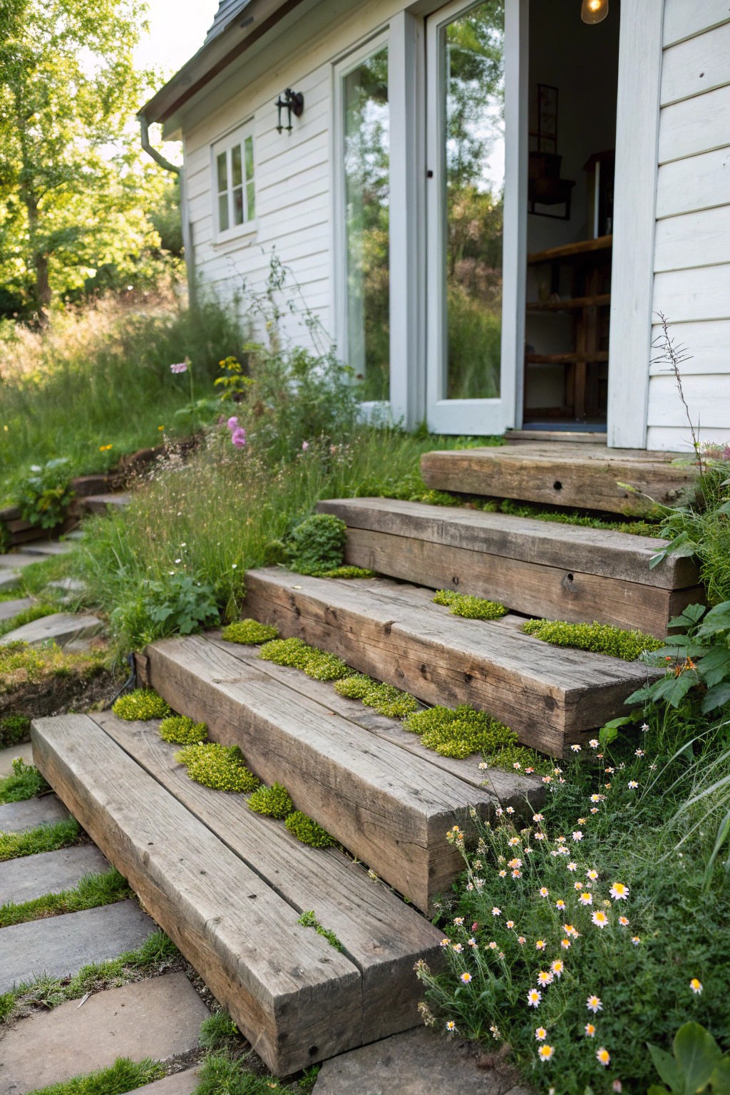 Invite warmth to your entryway with rustic, weathered wooden steps.