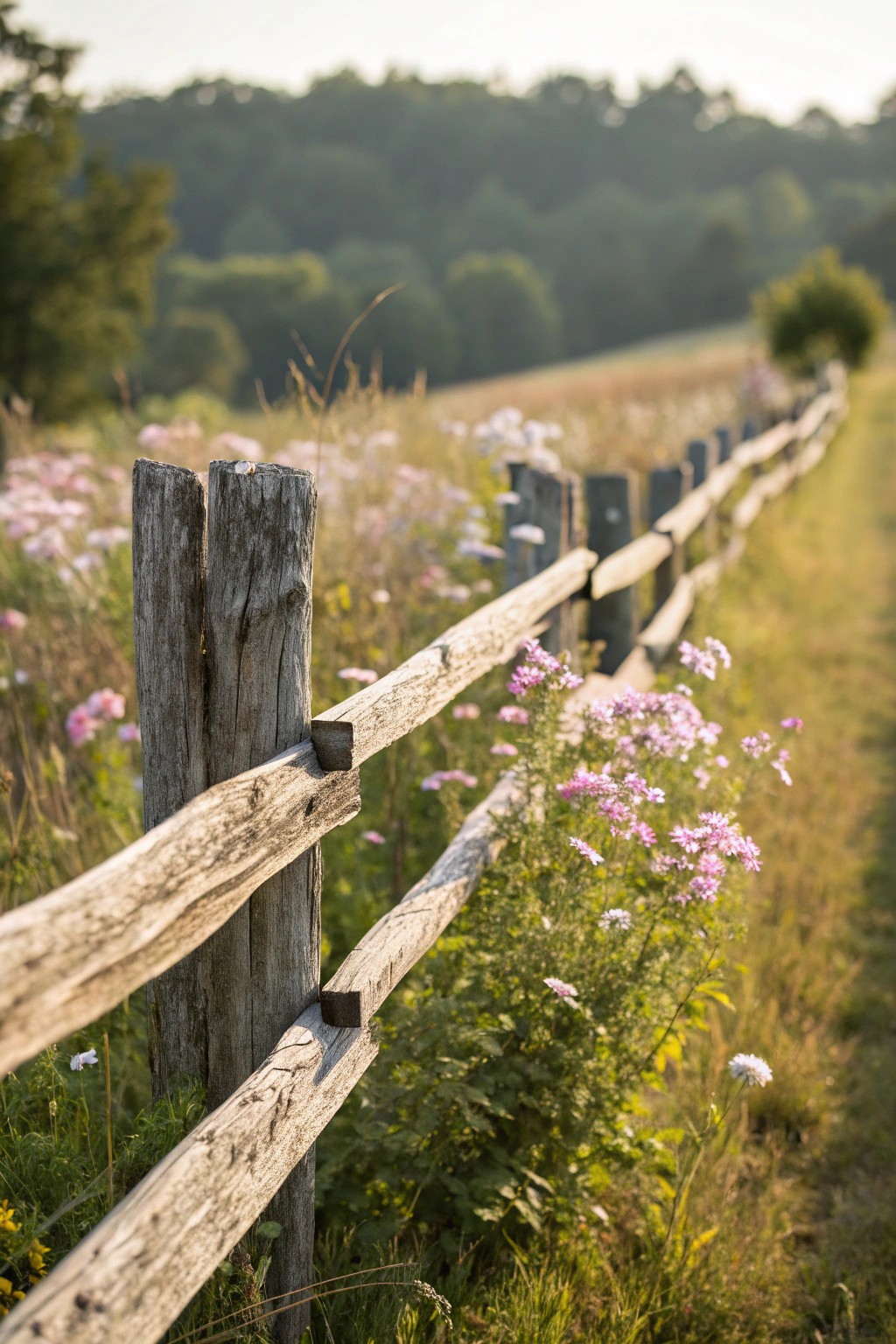 Effortless charm: a rustic split rail fence frames wildflowers with timeless simplicity.