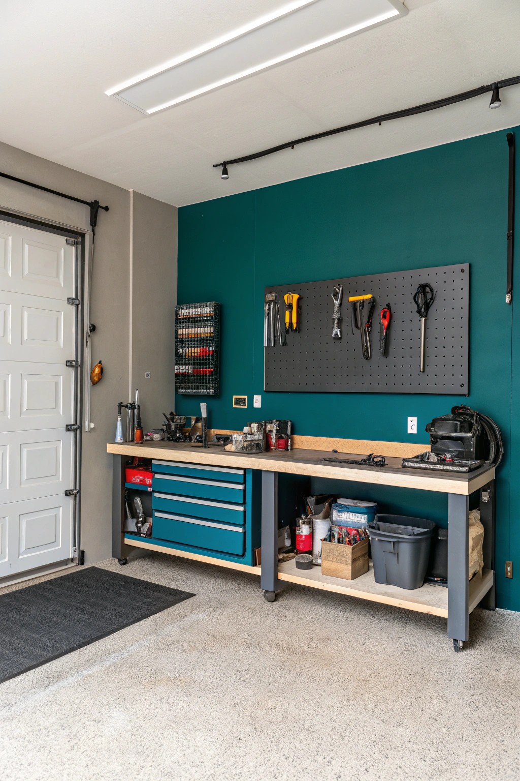 A dramatic accent wall adds flair and visual focus in the garage.