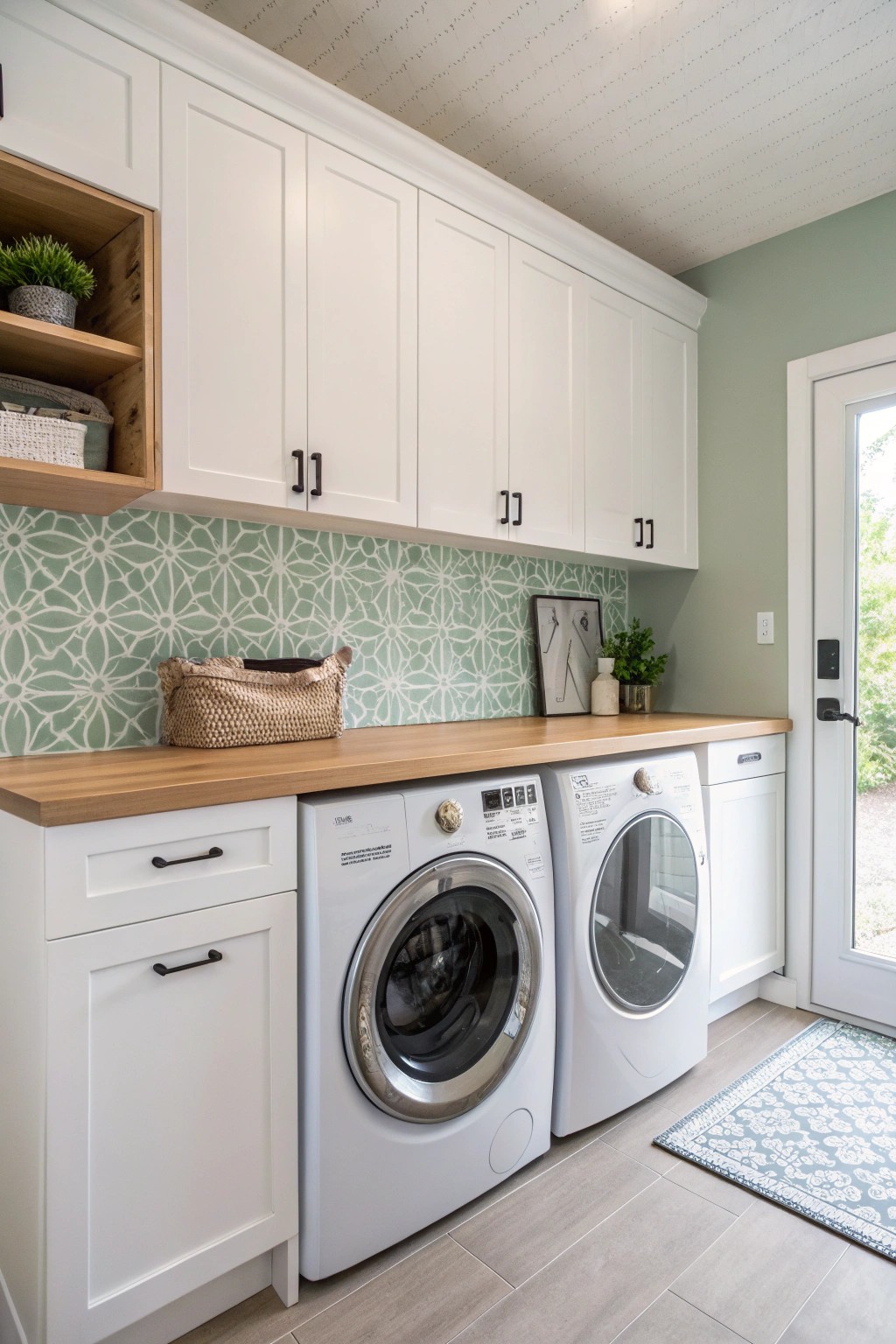 Effortless laundry style: A serene and organized garage upgrade.