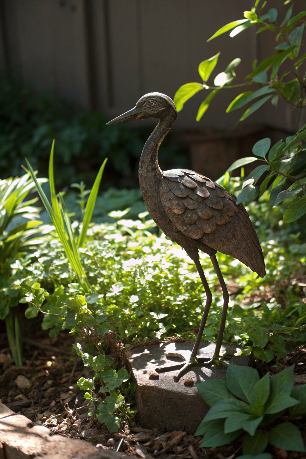 A charming metal bird sculpture adds a playful touch to your garden sanctuary.