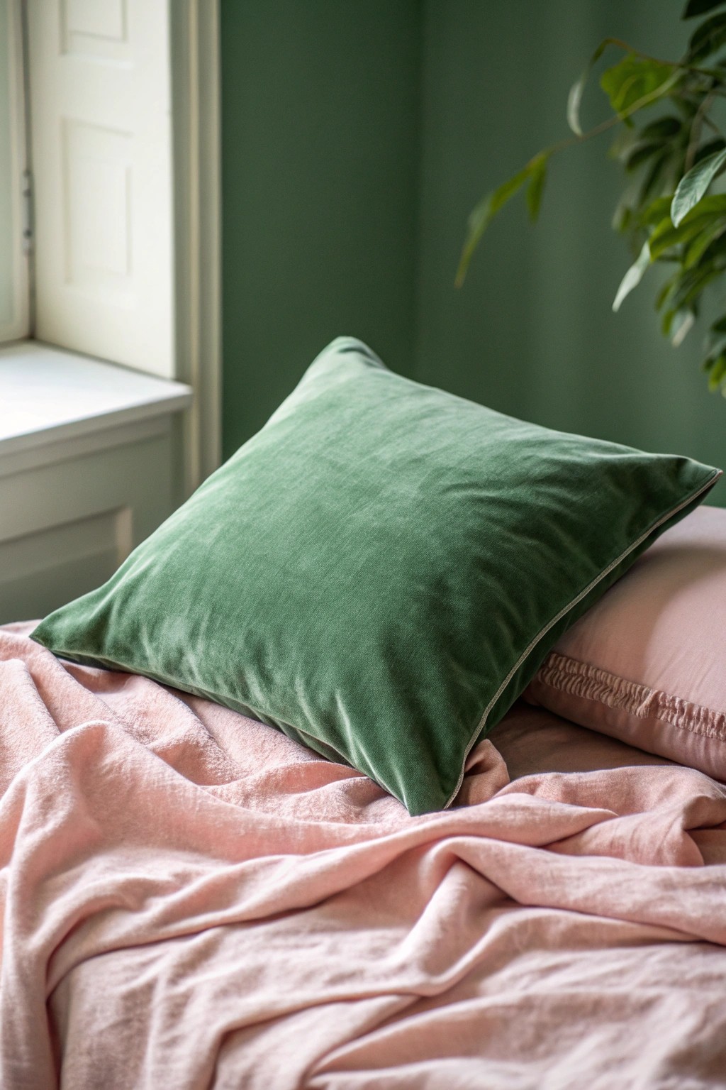 Elevate your bedroom with the fresh harmony of green and pink accents.