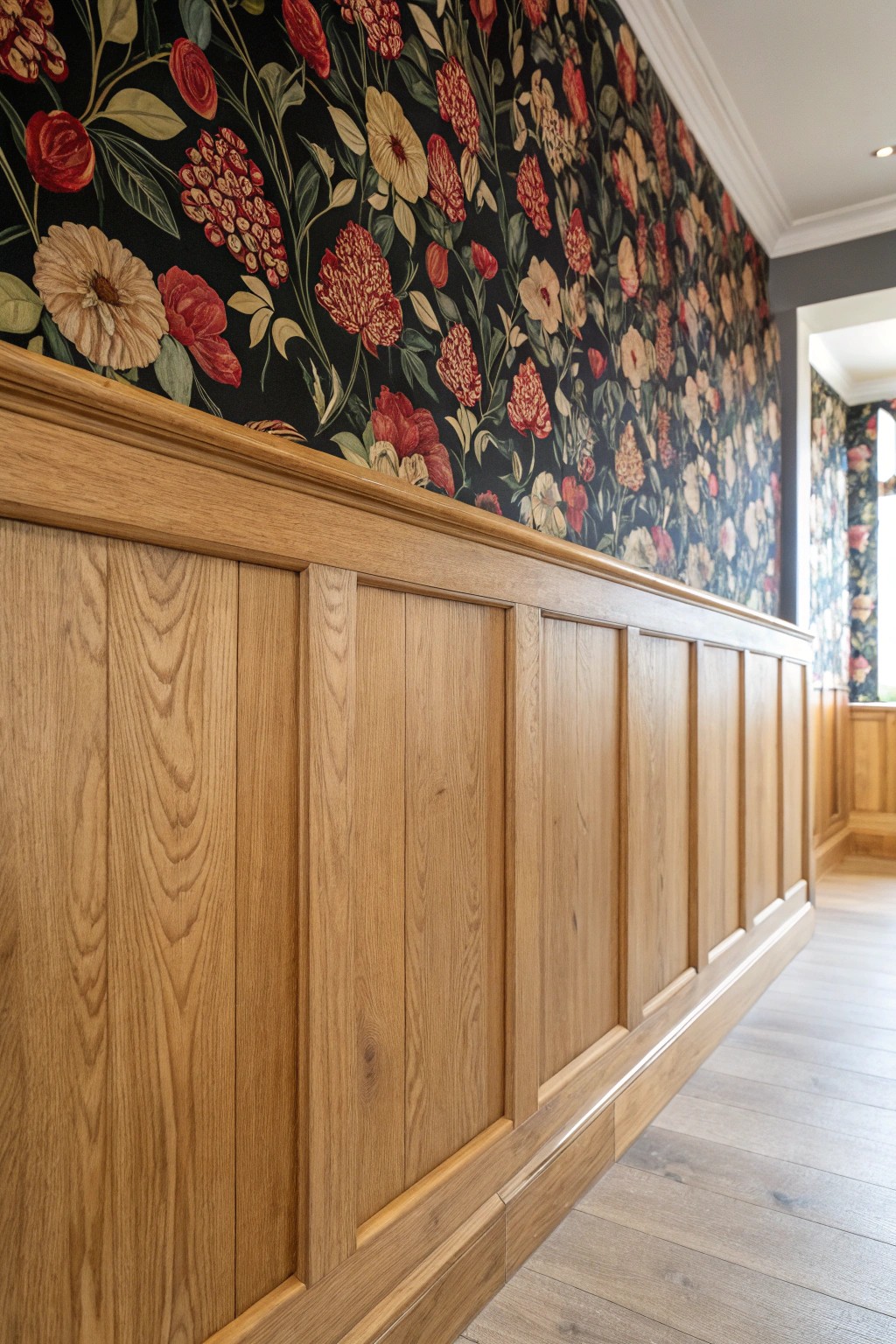 Elevate your space with the perfect blend of wood paneling and bold wallpaper.