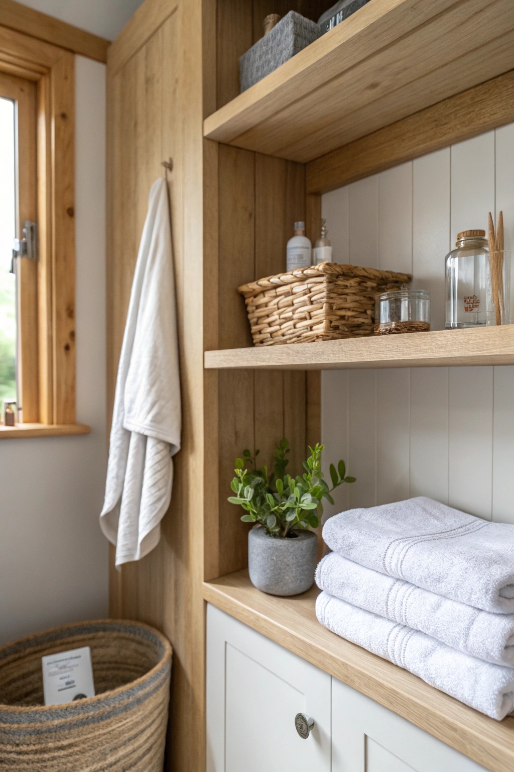 Effortless elegance: custom built-in shelving for a thoughtfully organized laundry space.
