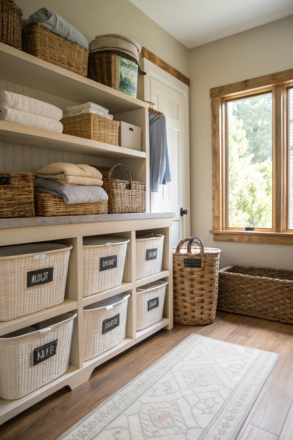 Labeled baskets and bins make organization effortless and beautiful.