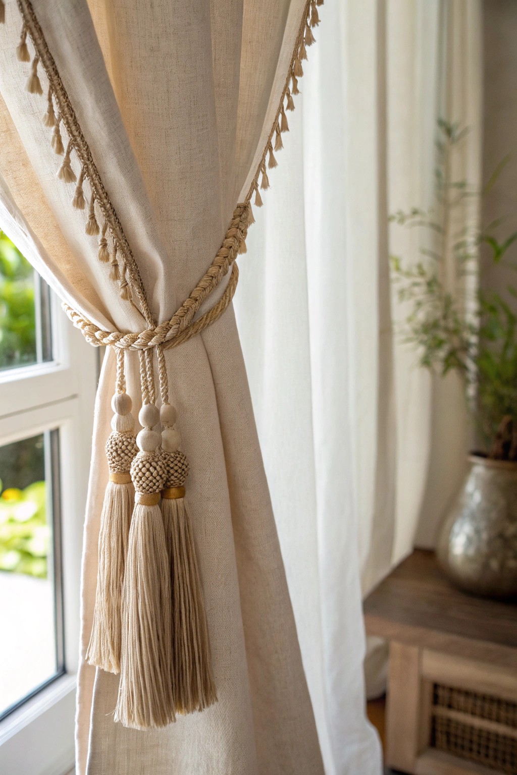 Elevate your living room with simple curtains adorned with playful, handcrafted tassel trim.