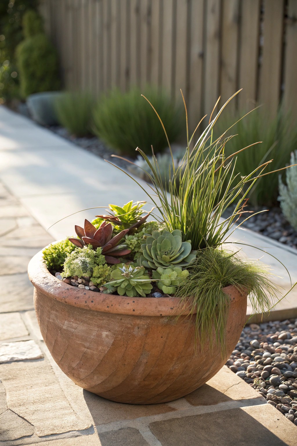Effortless charm: a handcrafted container garden for your side yard sanctuary.