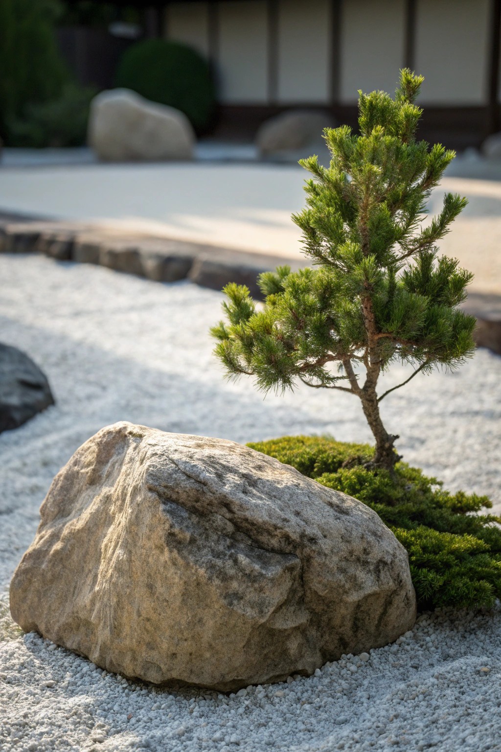 Effortless beauty: a boulder and dwarf conifer create a sculptural, low-maintenance garden accent.