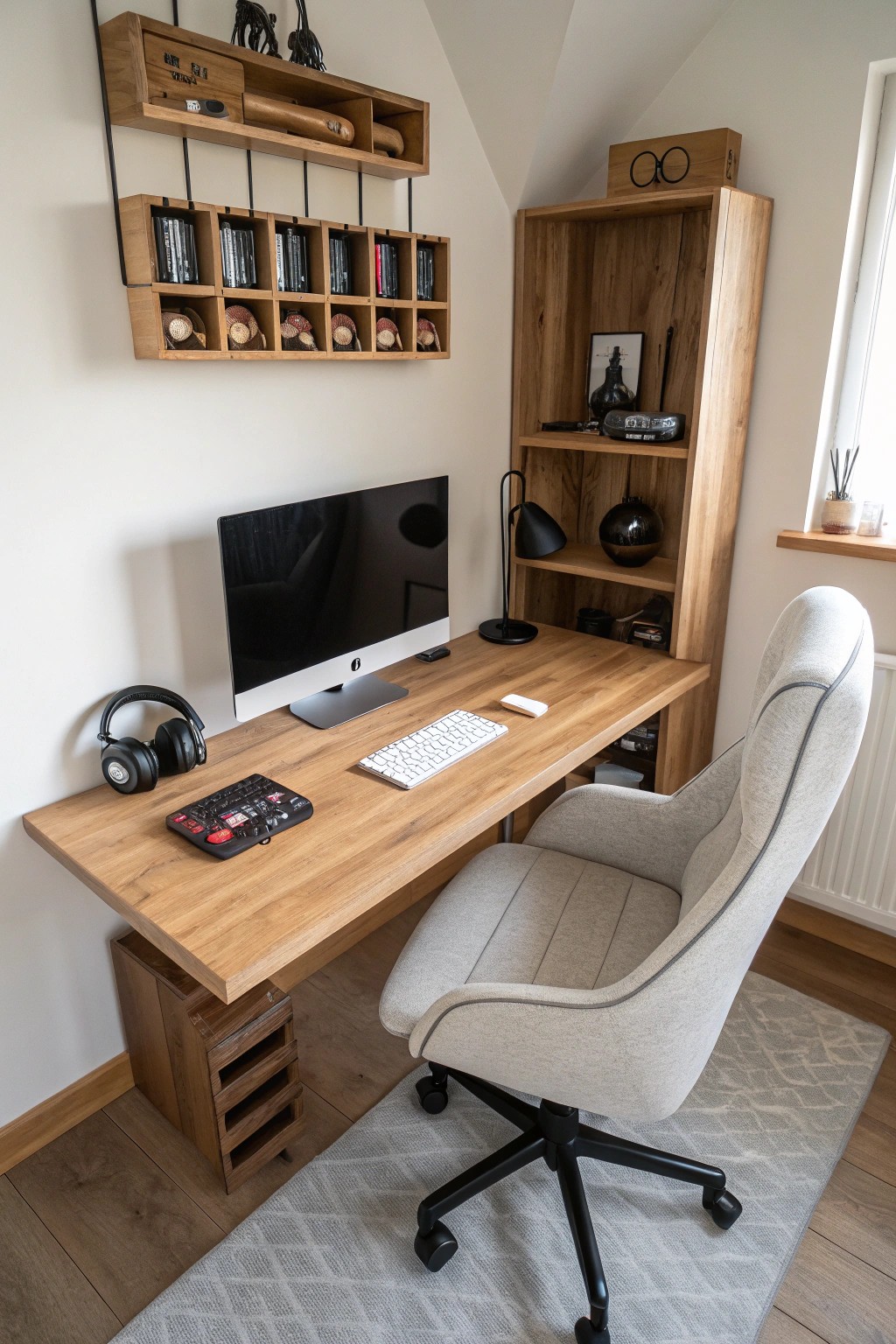 Streamlined gaming nook: smart storage and natural materials for small spaces.