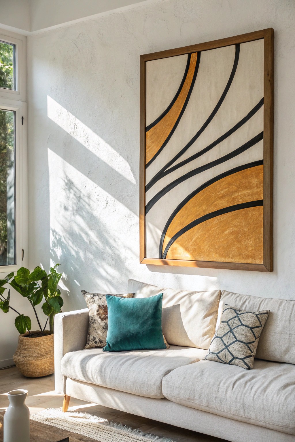 Let a bold, minimalist artwork become the soulful focal point of your mid-century modern living room.