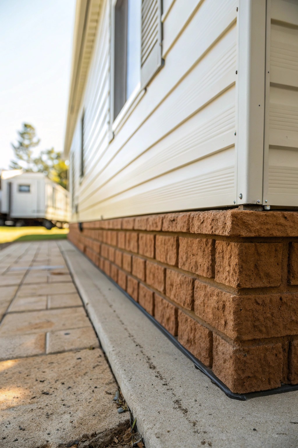 Elevate your mobile home with classic, textured brick skirting—simple, timeless beauty.