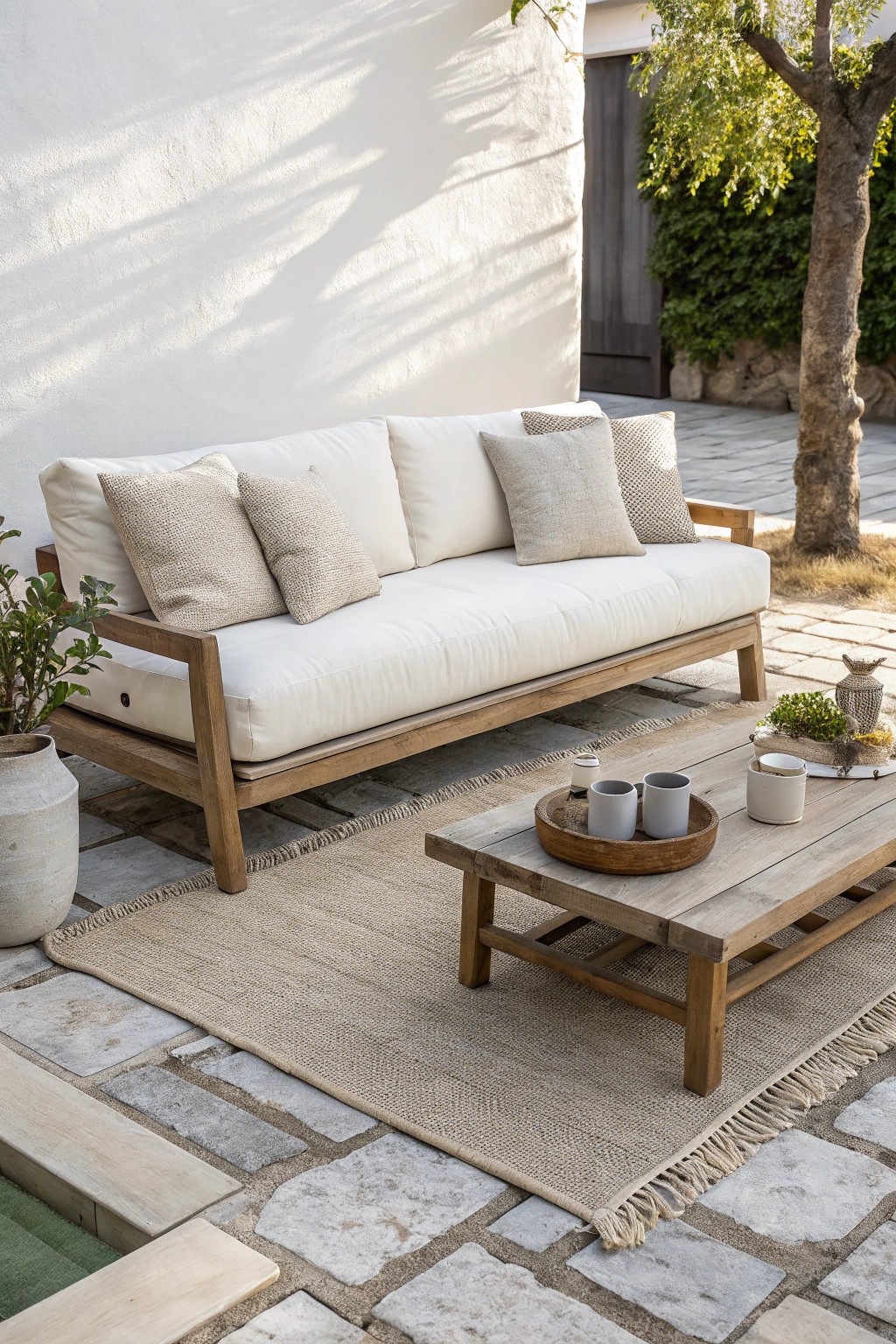 Create a cozy backyard retreat with a plush outdoor sofa—no grass needed.