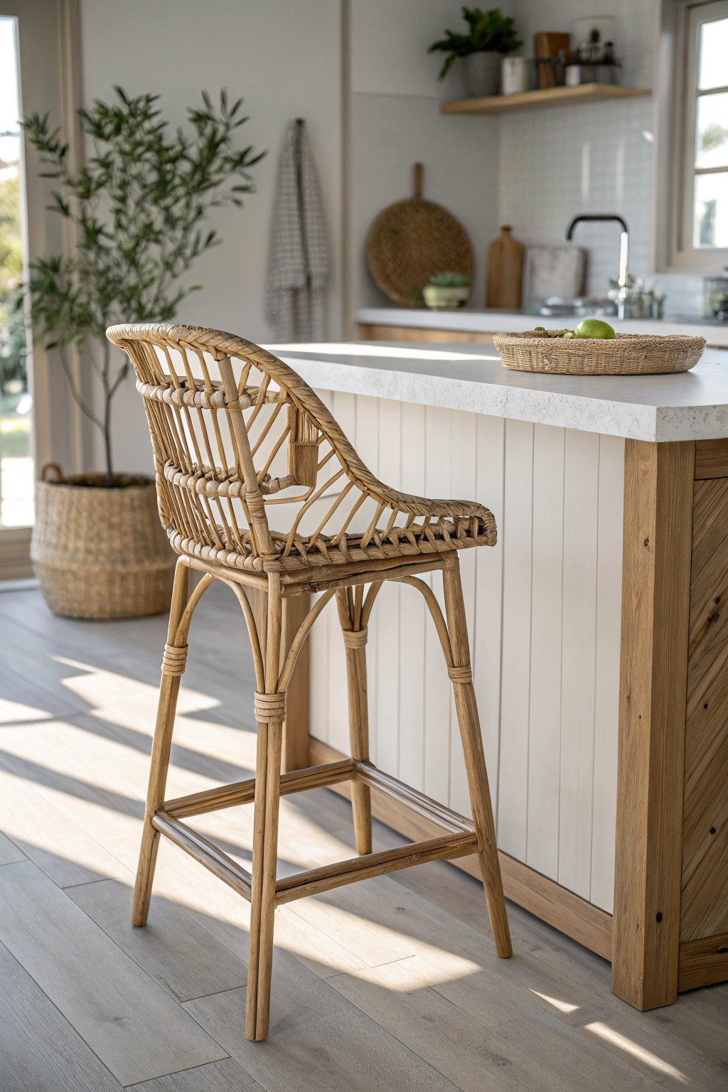 Warm up your kitchen with the natural beauty of a woven rattan bar stool.