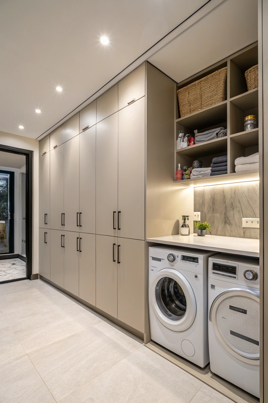 Floor-to-ceiling storage brings order and elegance to a modern laundry retreat.