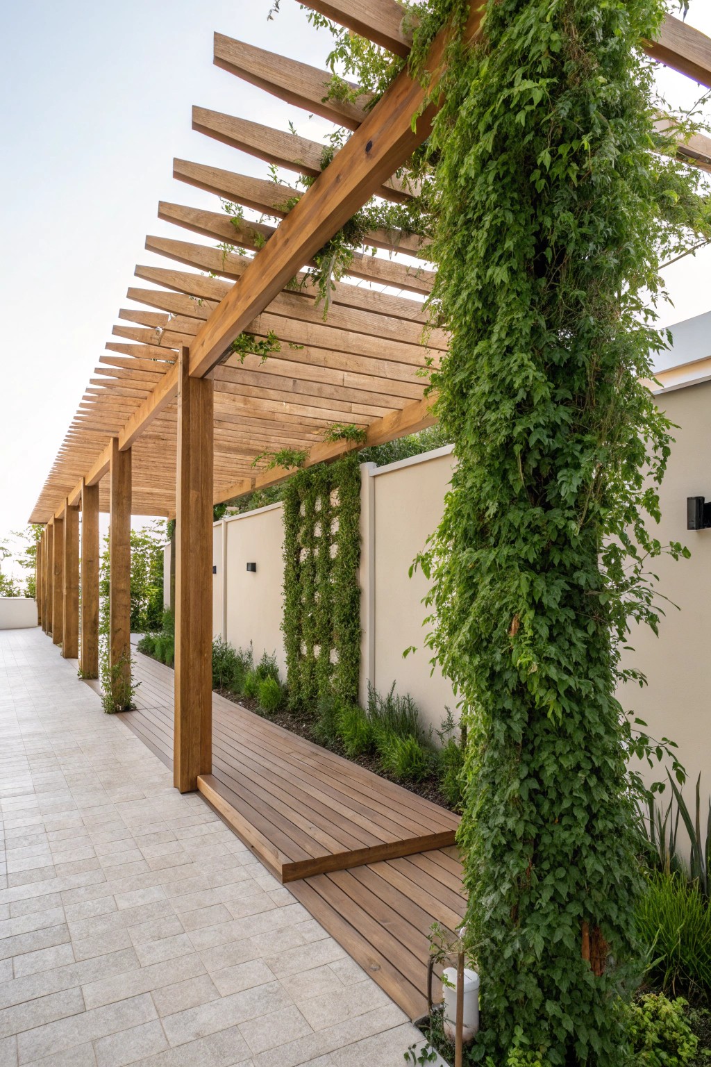 Bring life and privacy to your outdoor space with a modern pergola and lush vertical garden walls.