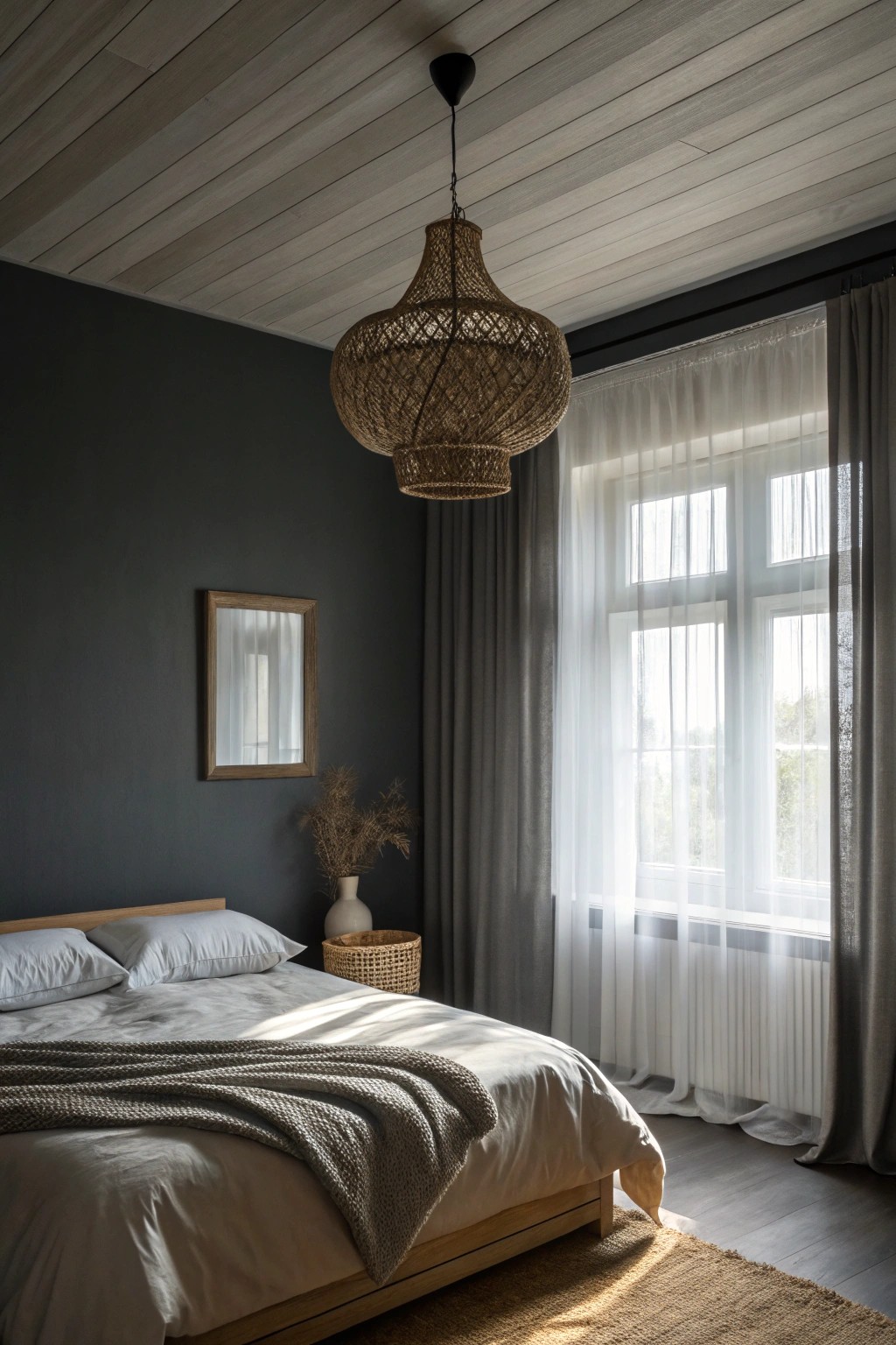 A pendant light glows softly in a bedroom cocooned by matching walls and ceiling—an inviting embrace of moody minimalism.