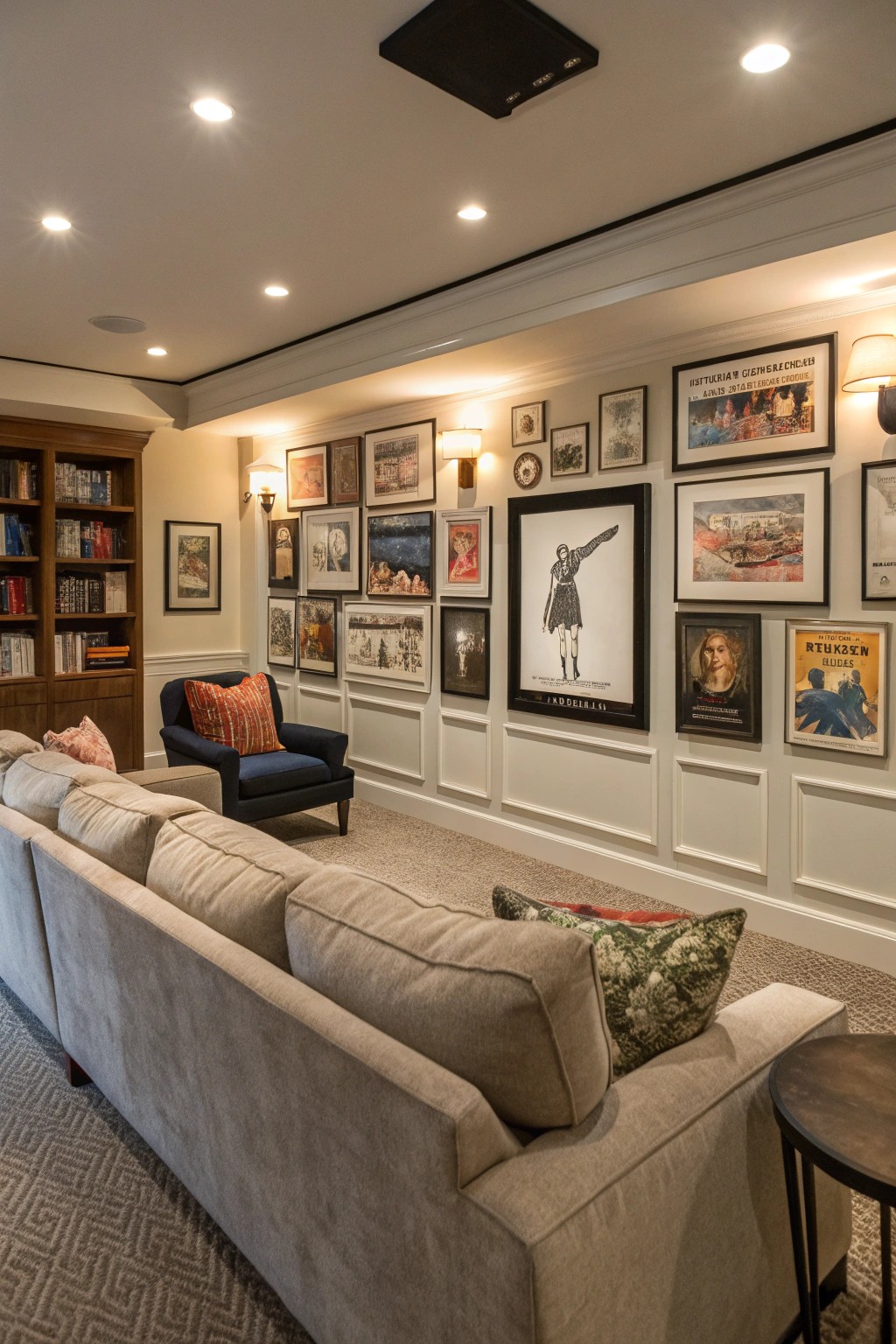 A curated gallery wall adds personality and nostalgia to your movie retreat.