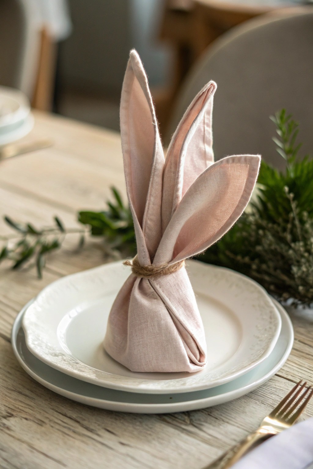 Charming bunny ear napkin fold—simple elegance for playful spring gatherings.
