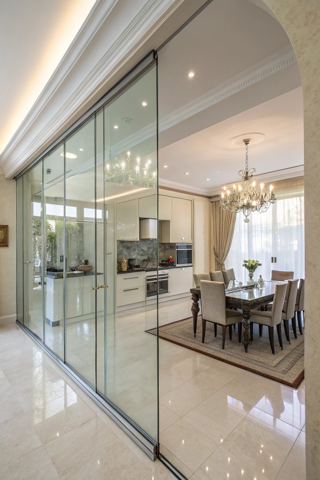 A glass partition creates gentle separation without sacrificing openness or light.