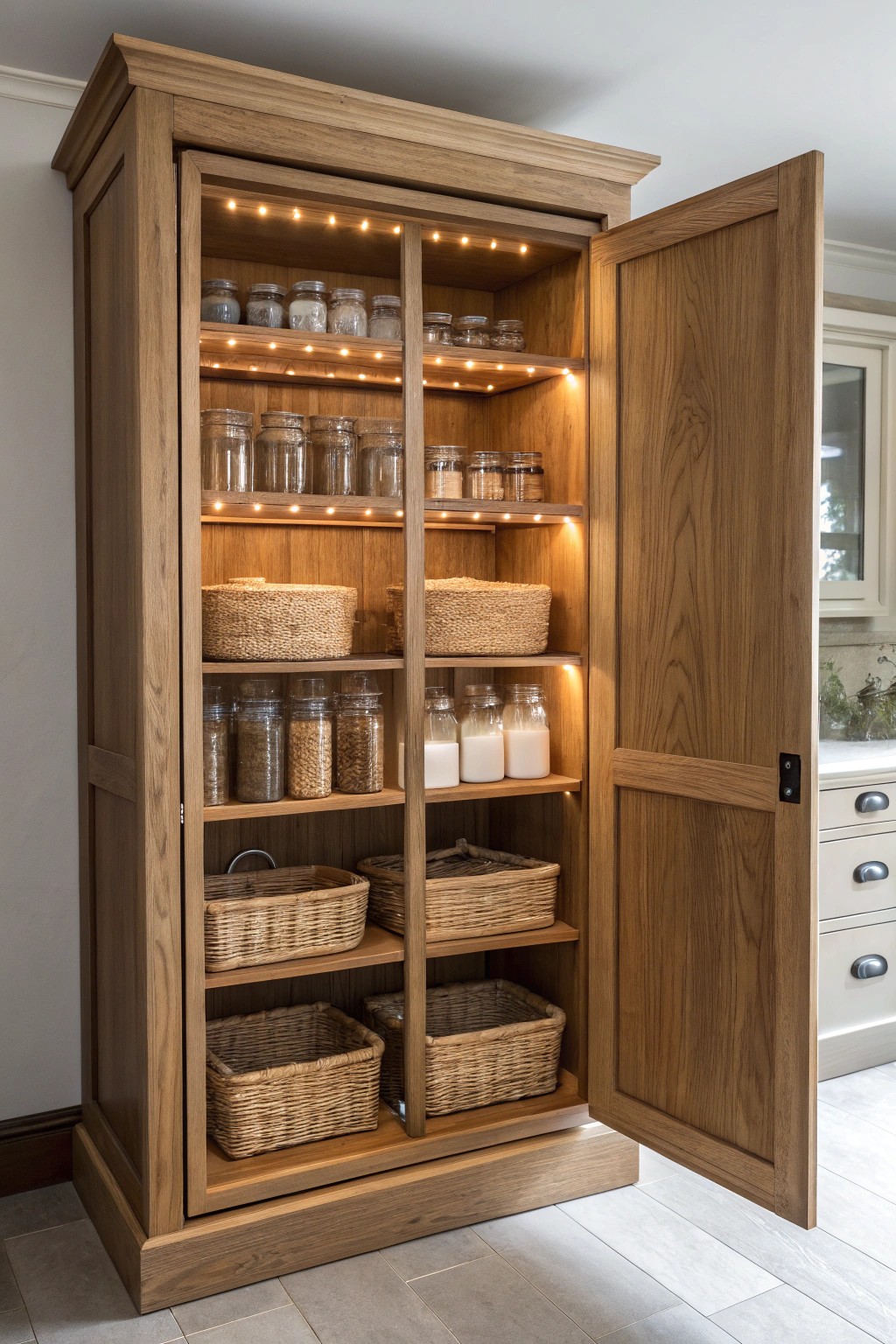 Let your pantry glow—discover the charm of integrated cabinet lighting.