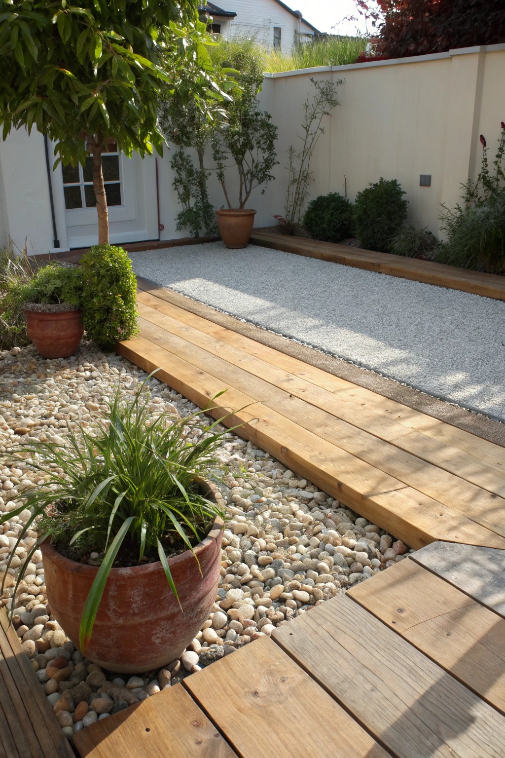 Effortless charm: a gravel patio floor with handcrafted touches for timeless, relaxed style.