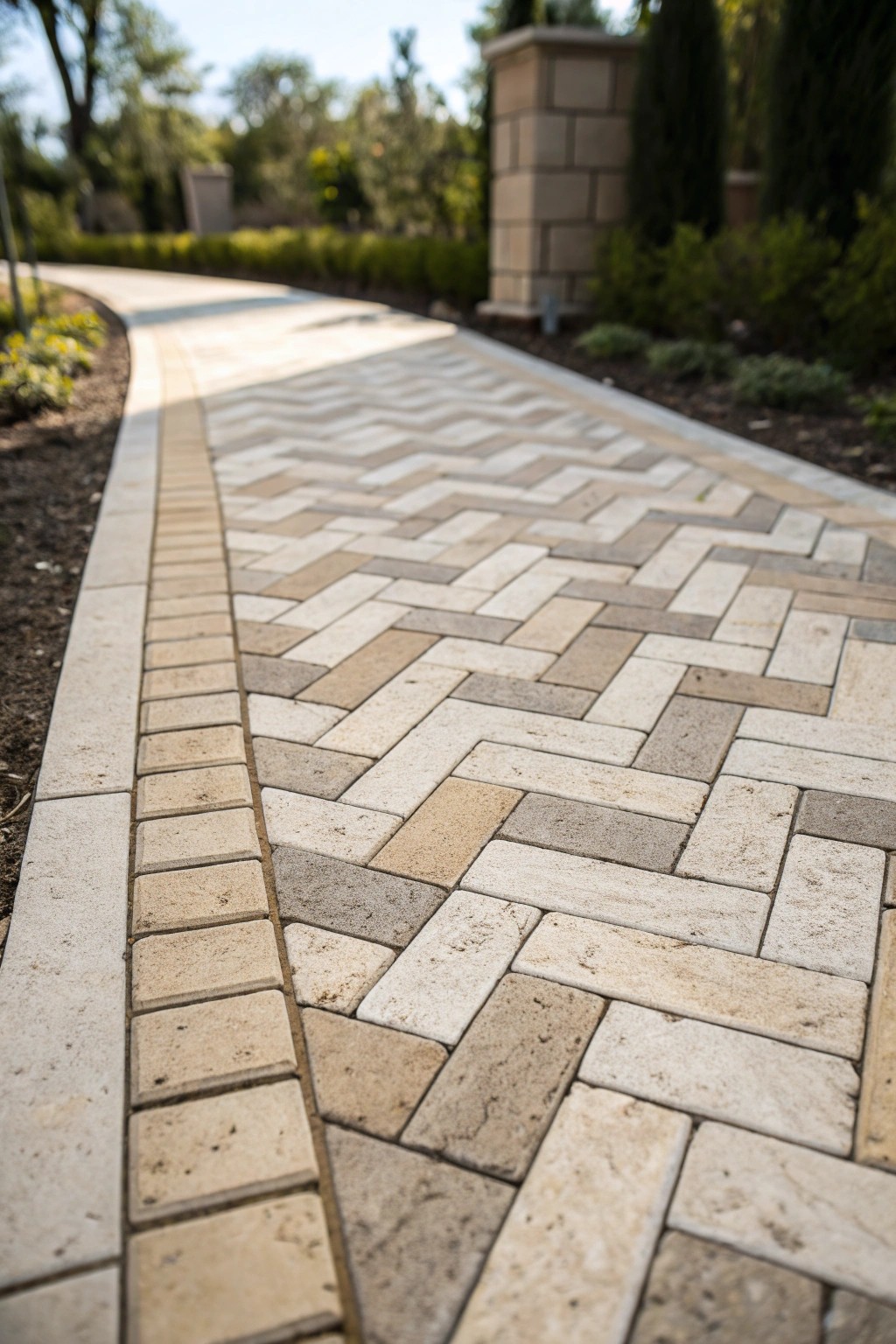 Simple sophistication: A herringbone walkway elevates any garden path.