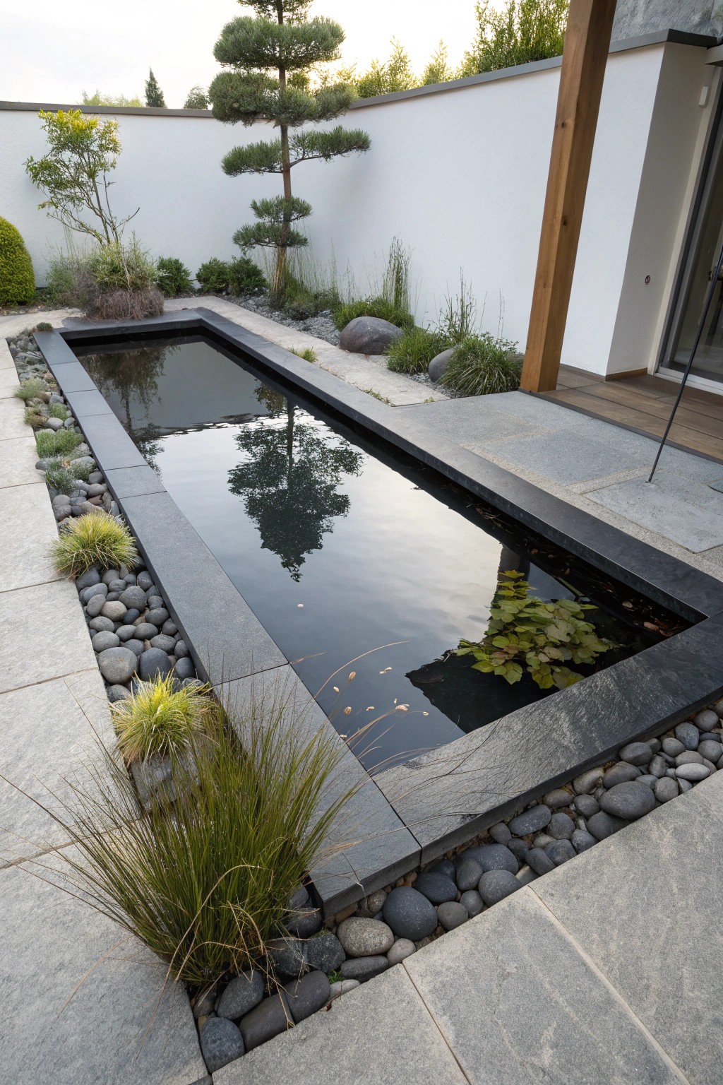 Elevate your garden with a sleek rectangular pond bordered in dark stone—modern, minimalist, and effortlessly chic.