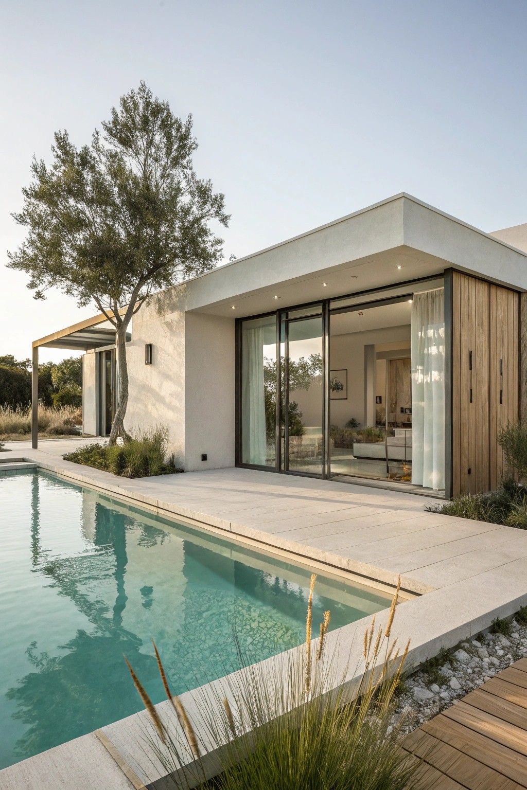 Effortless relaxation: a modern minimalist pool house retreat.