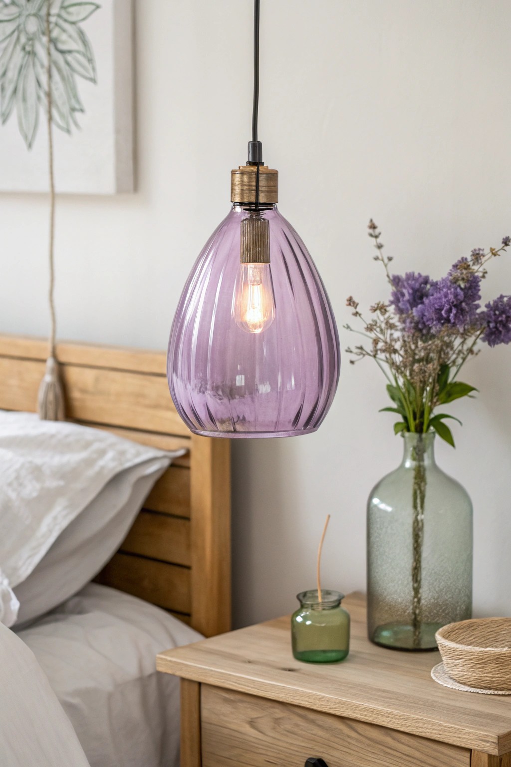 Enchant your bedroom with the subtle magic of a violet glass pendant lamp.