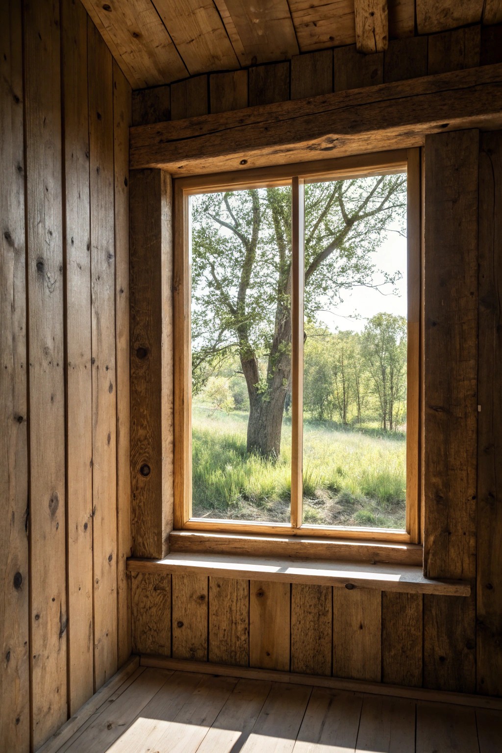 Embrace rustic simplicity with expansive, unadorned windows that flood your living room with natural light.