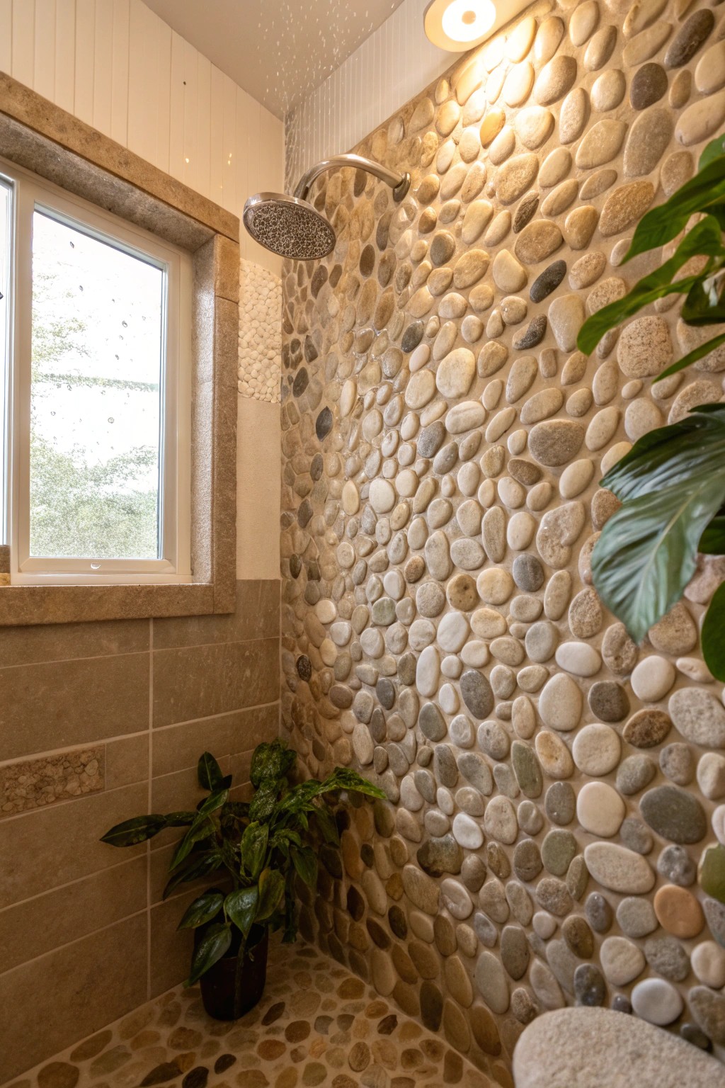 Pebble mosaics transform your shower into a serene, spa-like escape.
