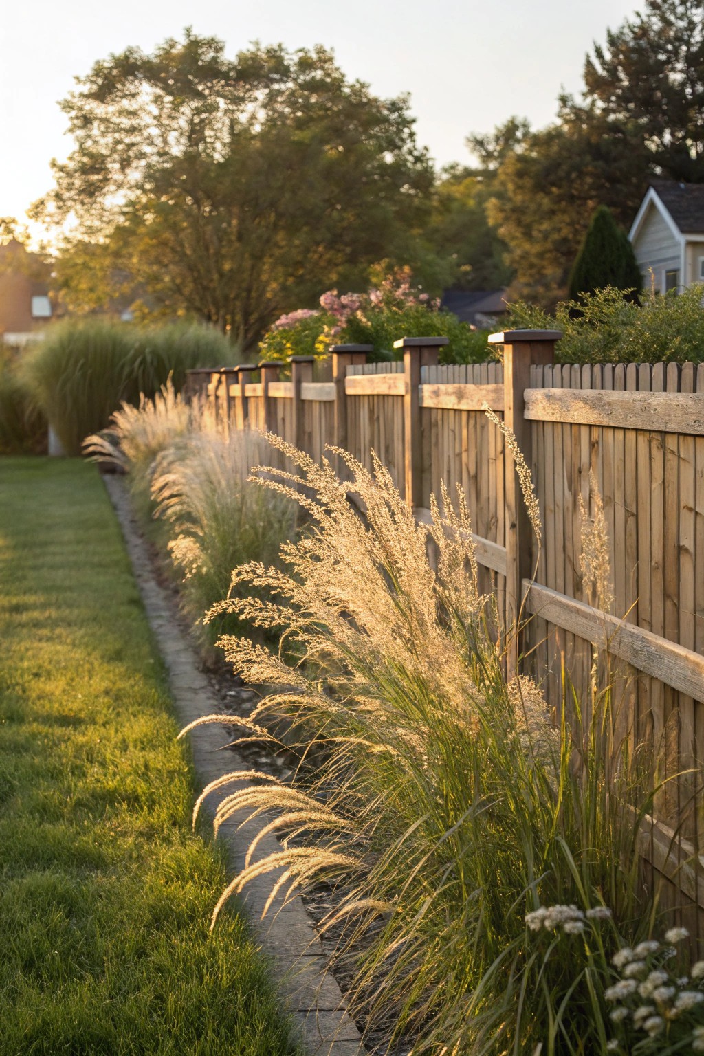 Ornamental grasses add drama and softness to fence lines.